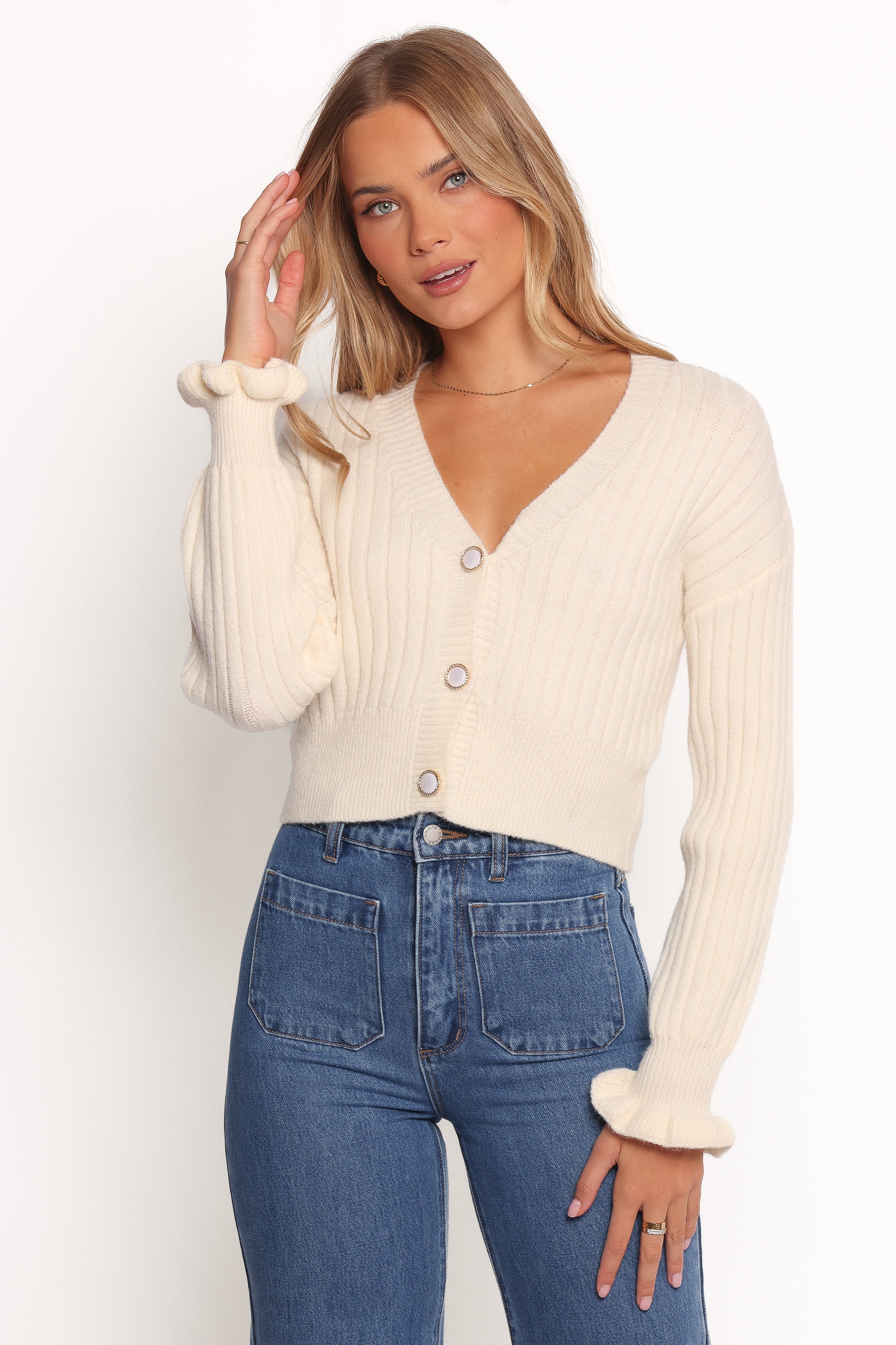 Zana V-Neck Knit Sweater with Ruffle Cuffs & Gold Buttons - Cream