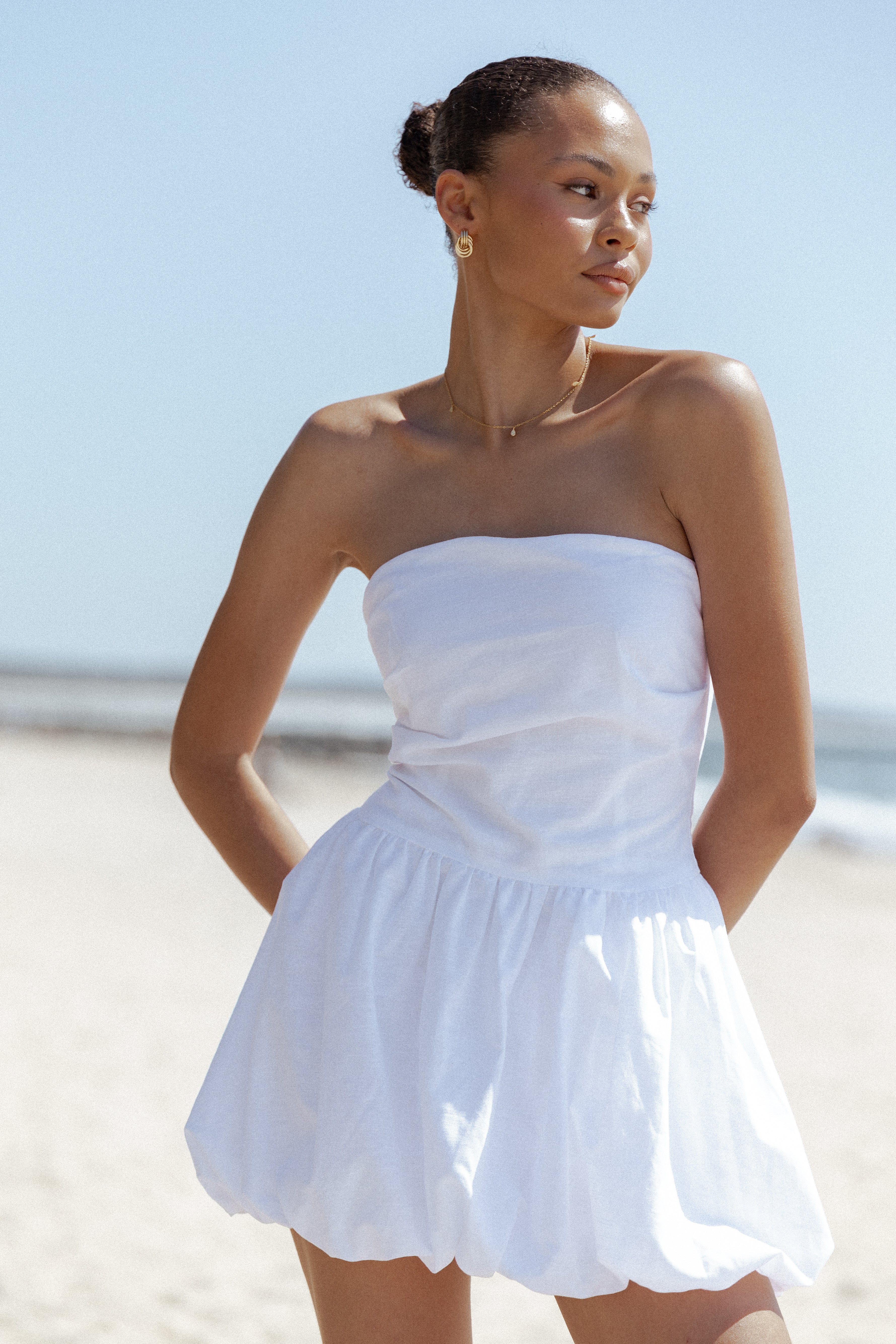 White Strapless Bubble Mini Dress - Ella Cotton Linen Dress