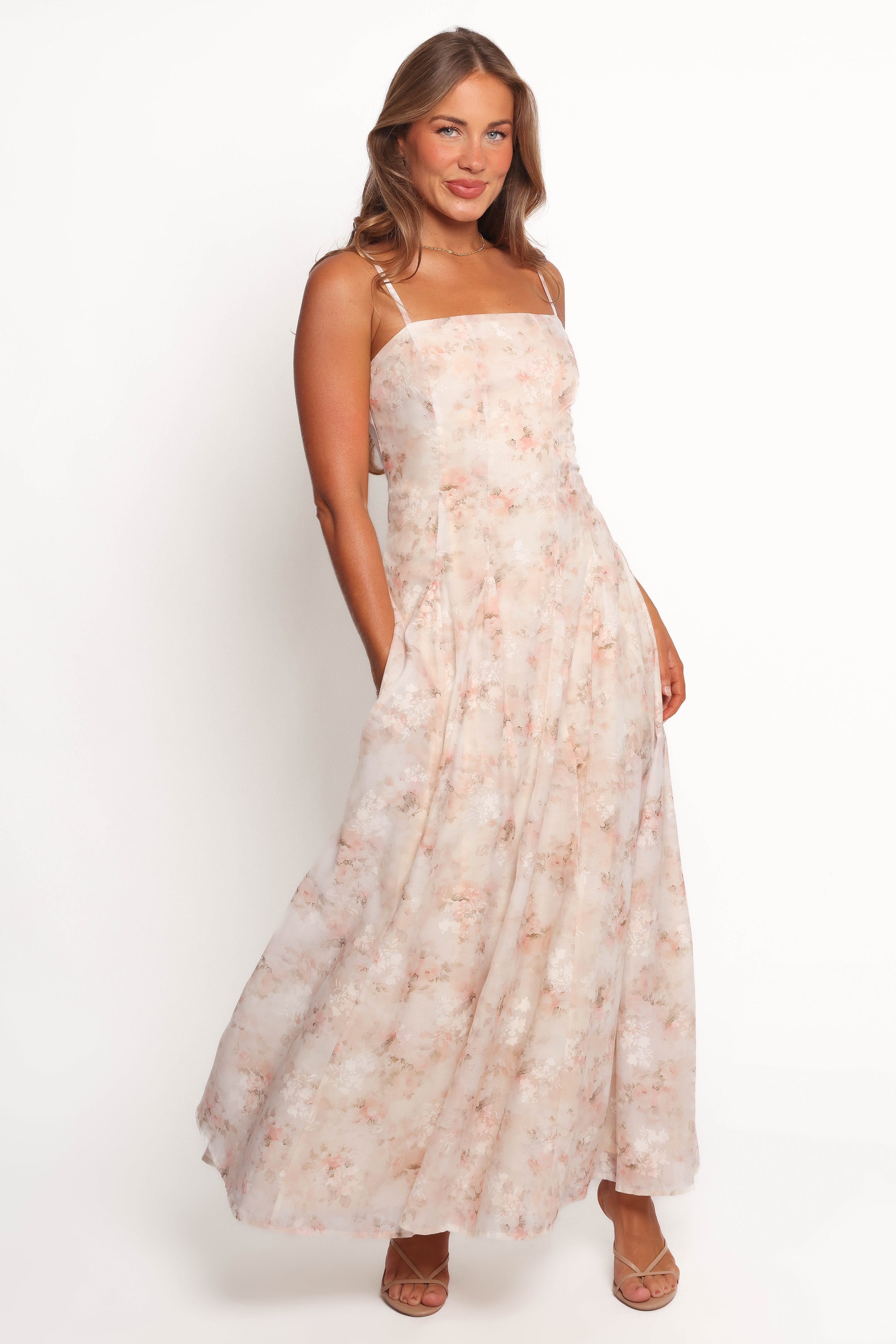 Petra Floral Midi Dress with Square Neckline - Cream