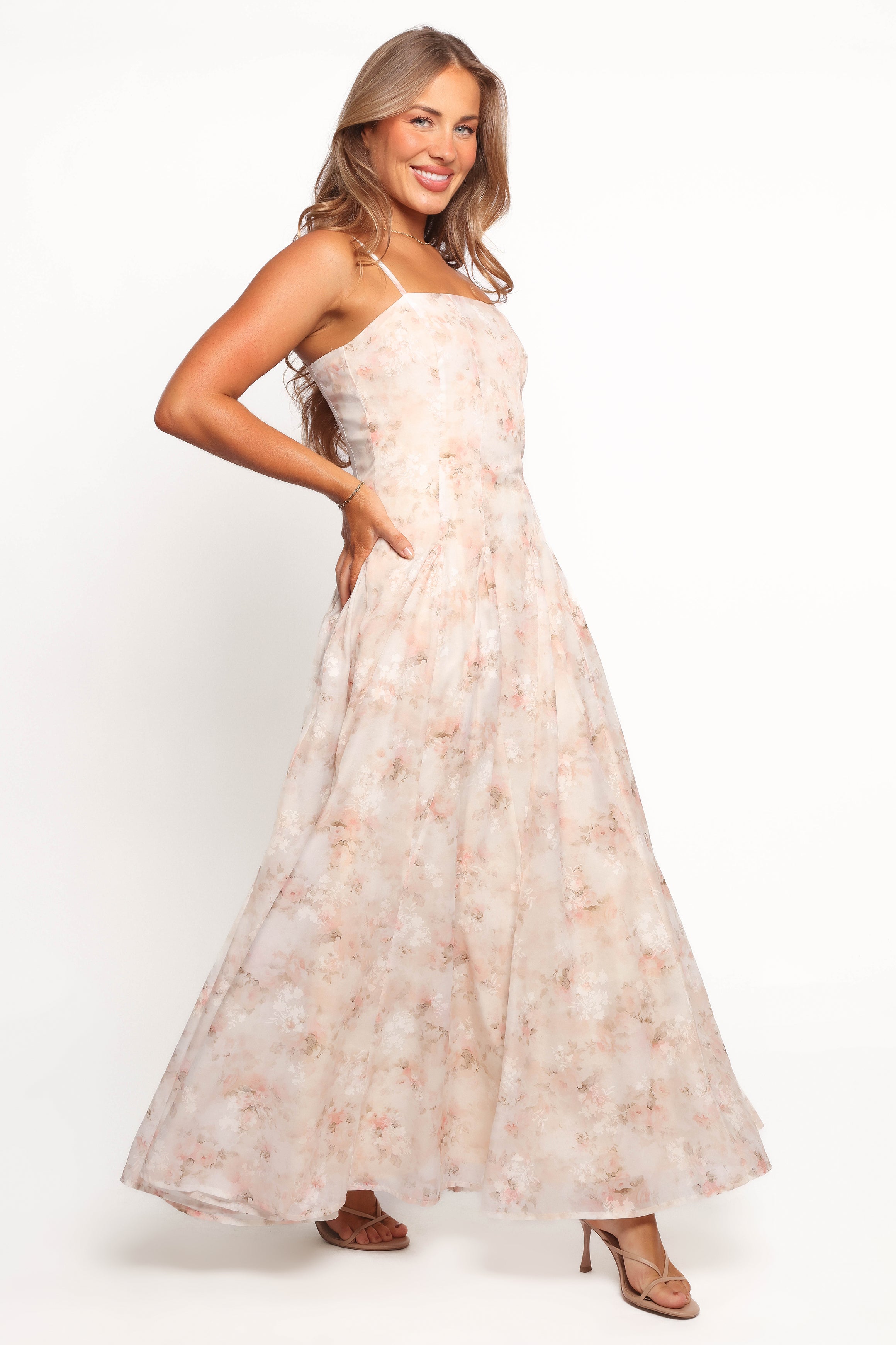 Petra Floral Midi Dress with Square Neckline - Cream