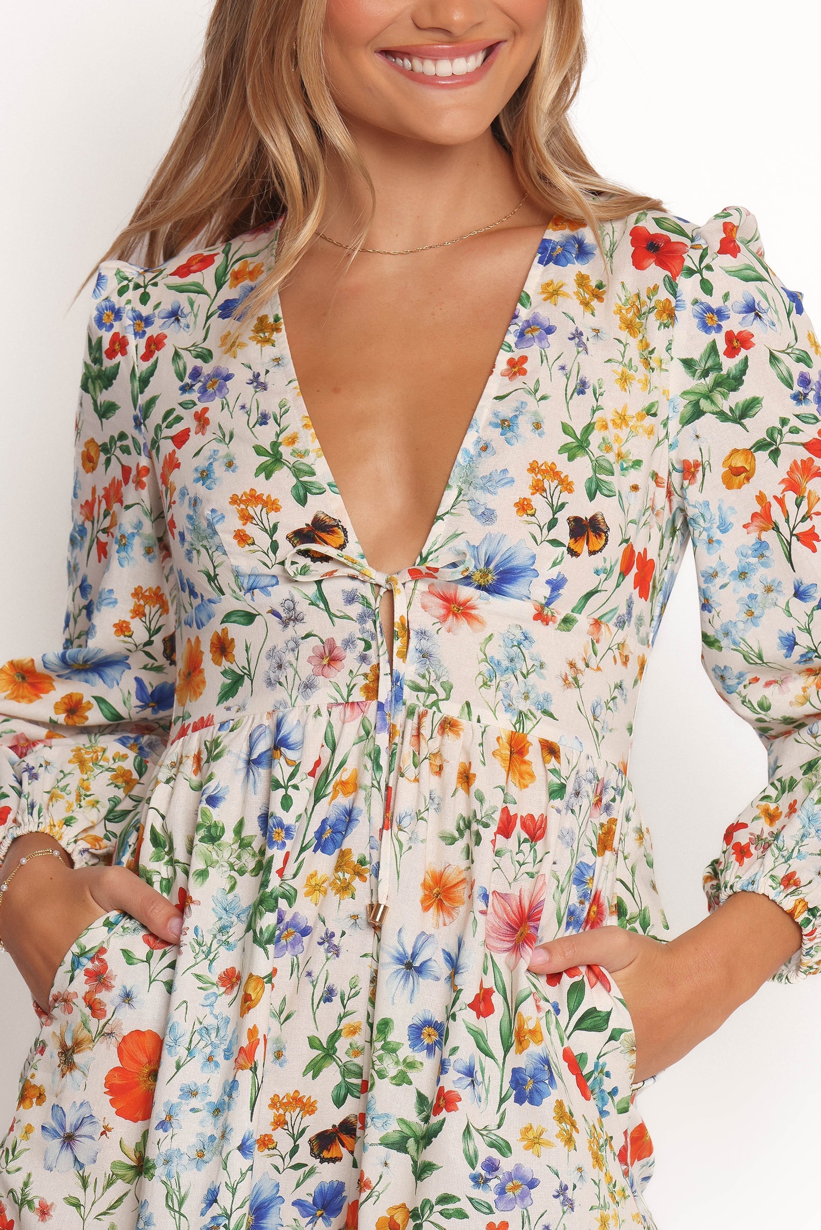 Floral Long Sleeve Romper - Irisa V-Neck Jumpsuit with Waist Tie