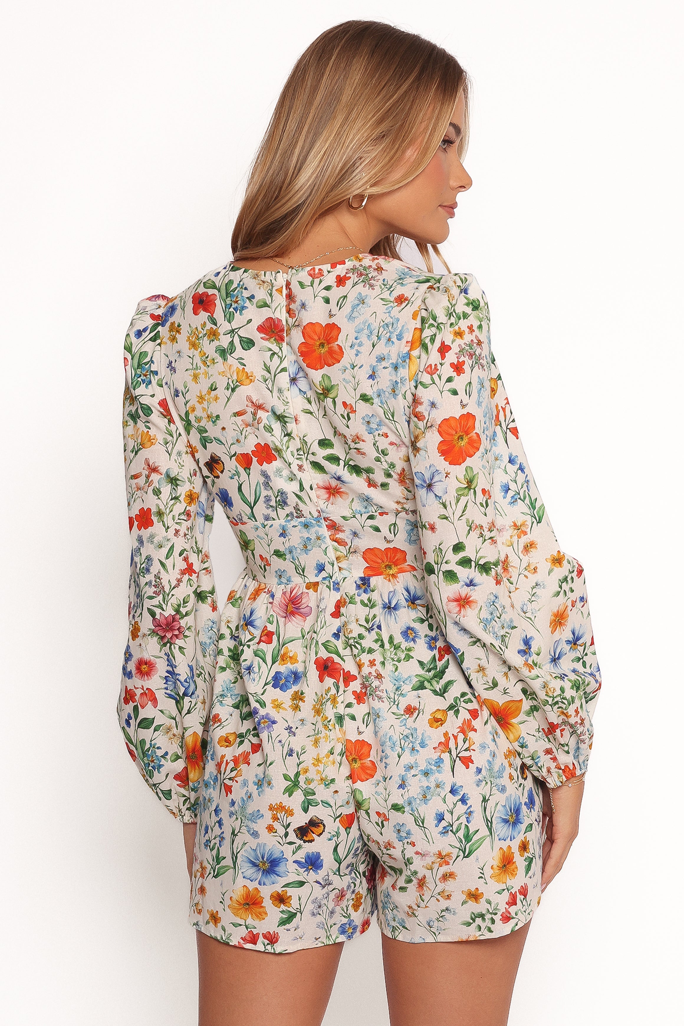 Floral Long Sleeve Romper - Irisa V-Neck Jumpsuit with Waist Tie