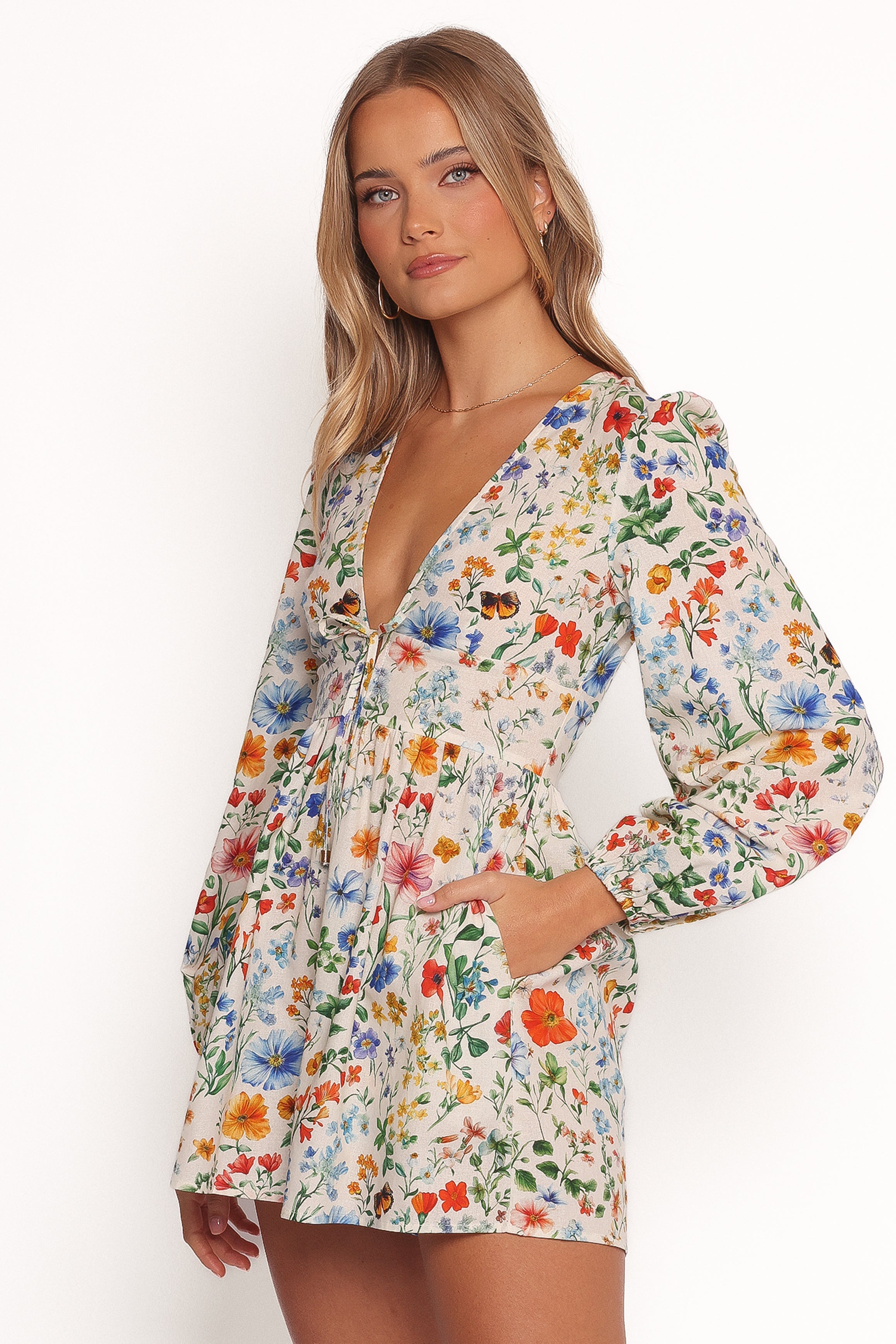 Floral Long Sleeve Romper - Irisa V-Neck Jumpsuit with Waist Tie