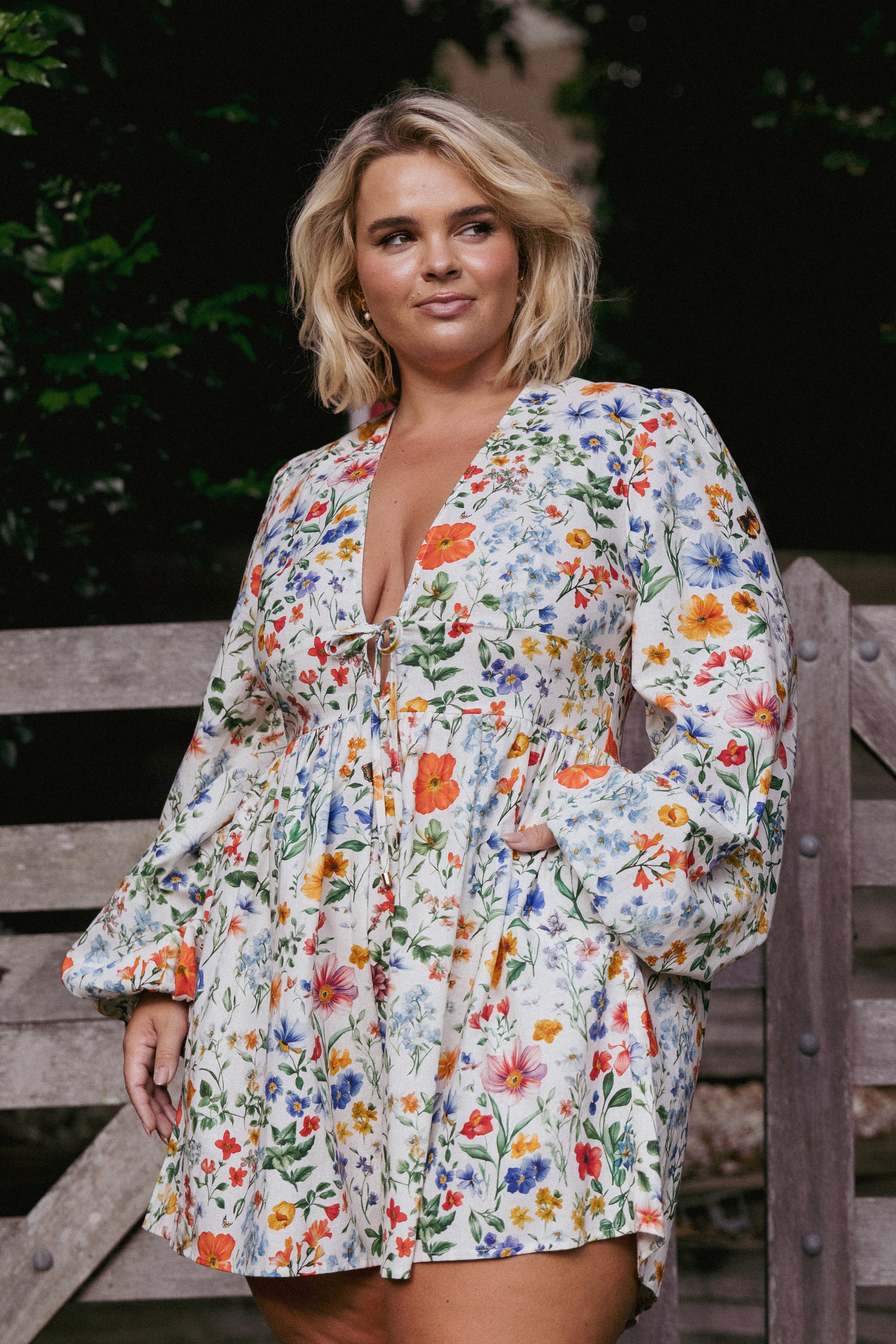 Floral Long Sleeve Romper - Irisa V-Neck Jumpsuit with Waist Tie