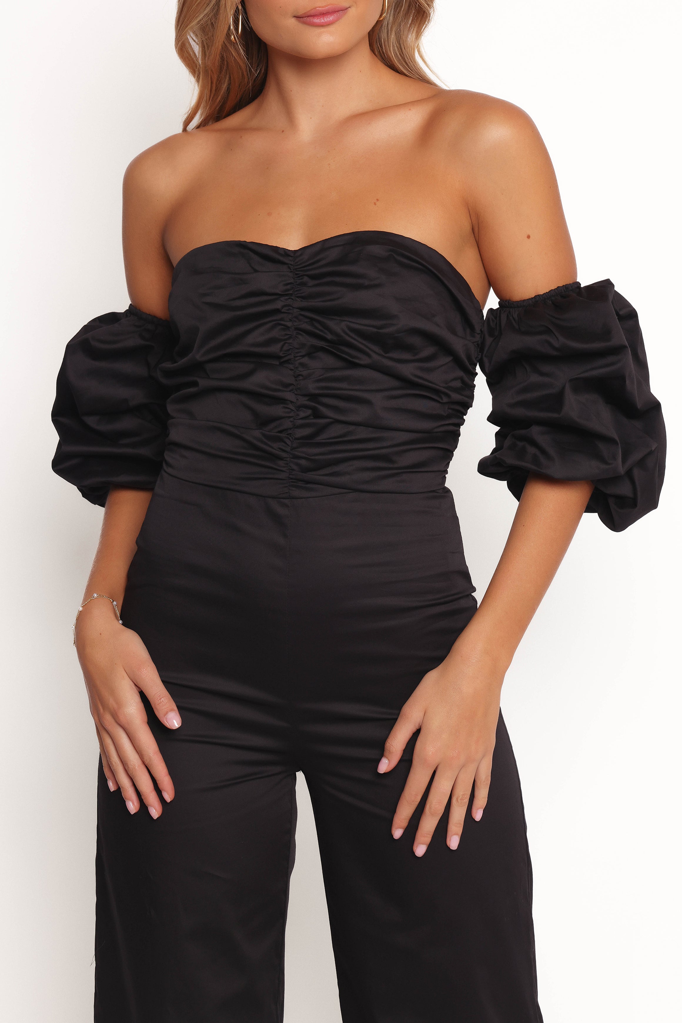 Myla Black Jumpsuit with Detachable Sleeves & Ruched Detail