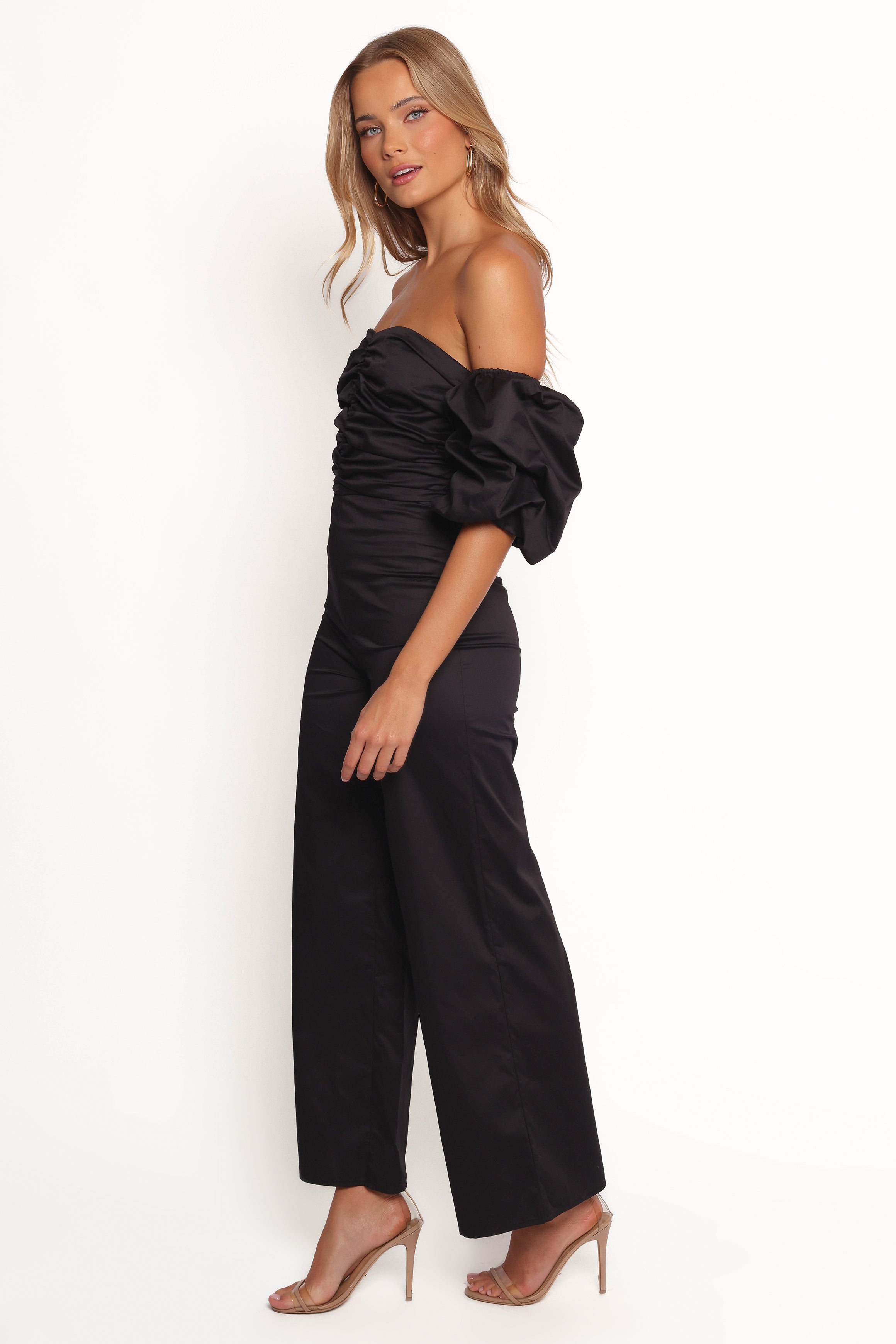 Myla Black Jumpsuit with Detachable Sleeves & Ruched Detail
