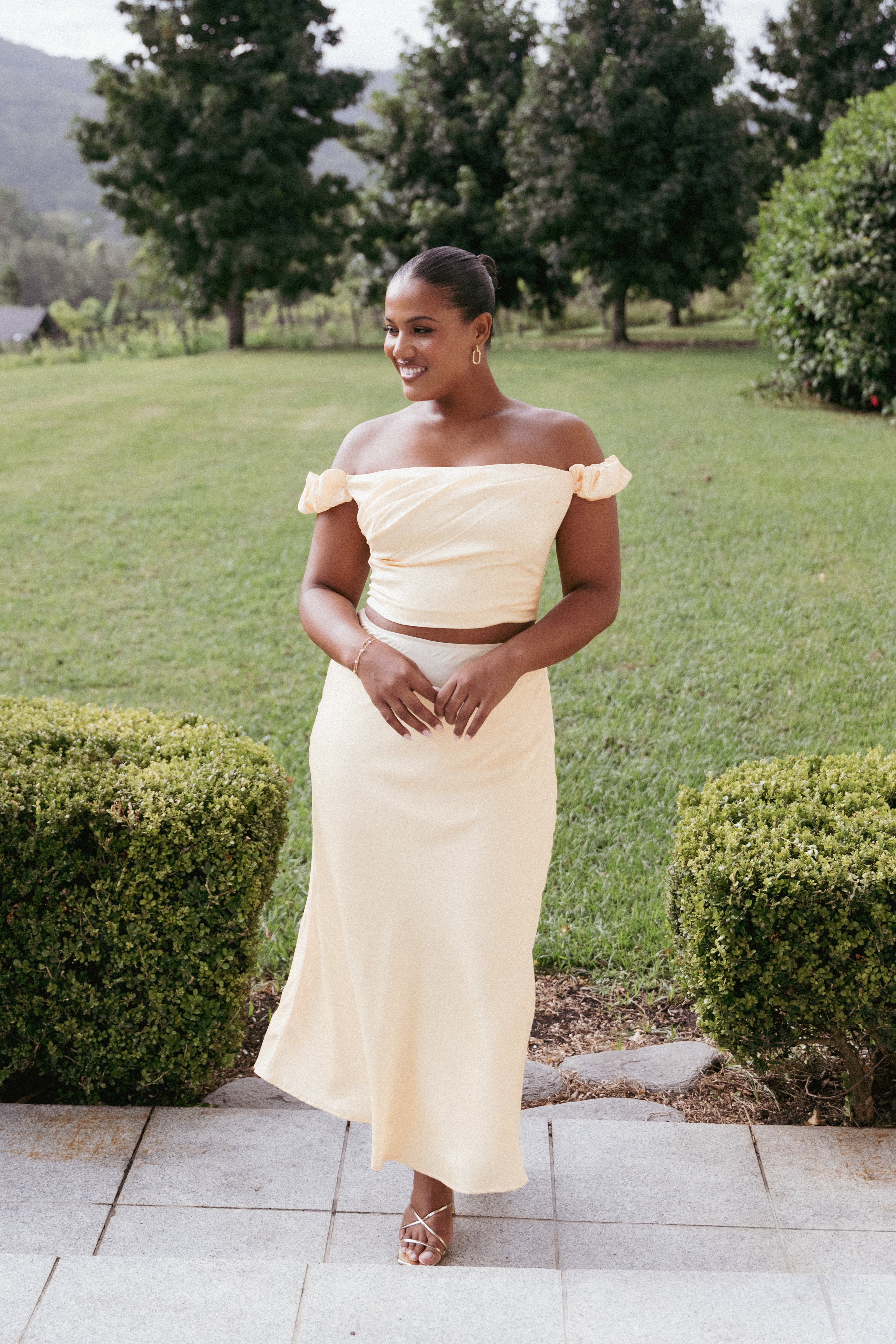 Butter Yellow Arabella Two Piece Set - Satin Maxi Skirt & Crop Top
