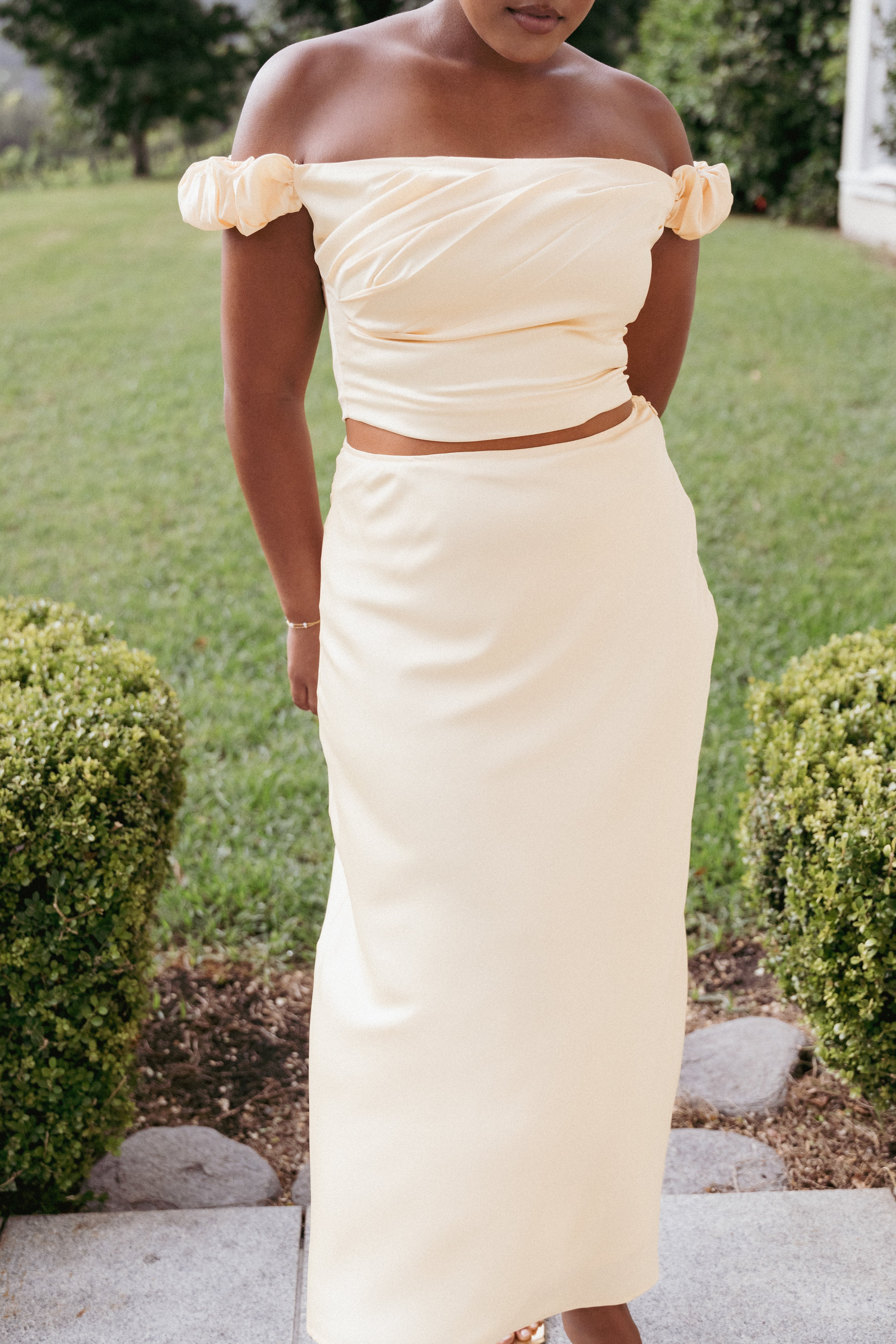 Butter Yellow Arabella Two Piece Set - Satin Maxi Skirt & Crop Top