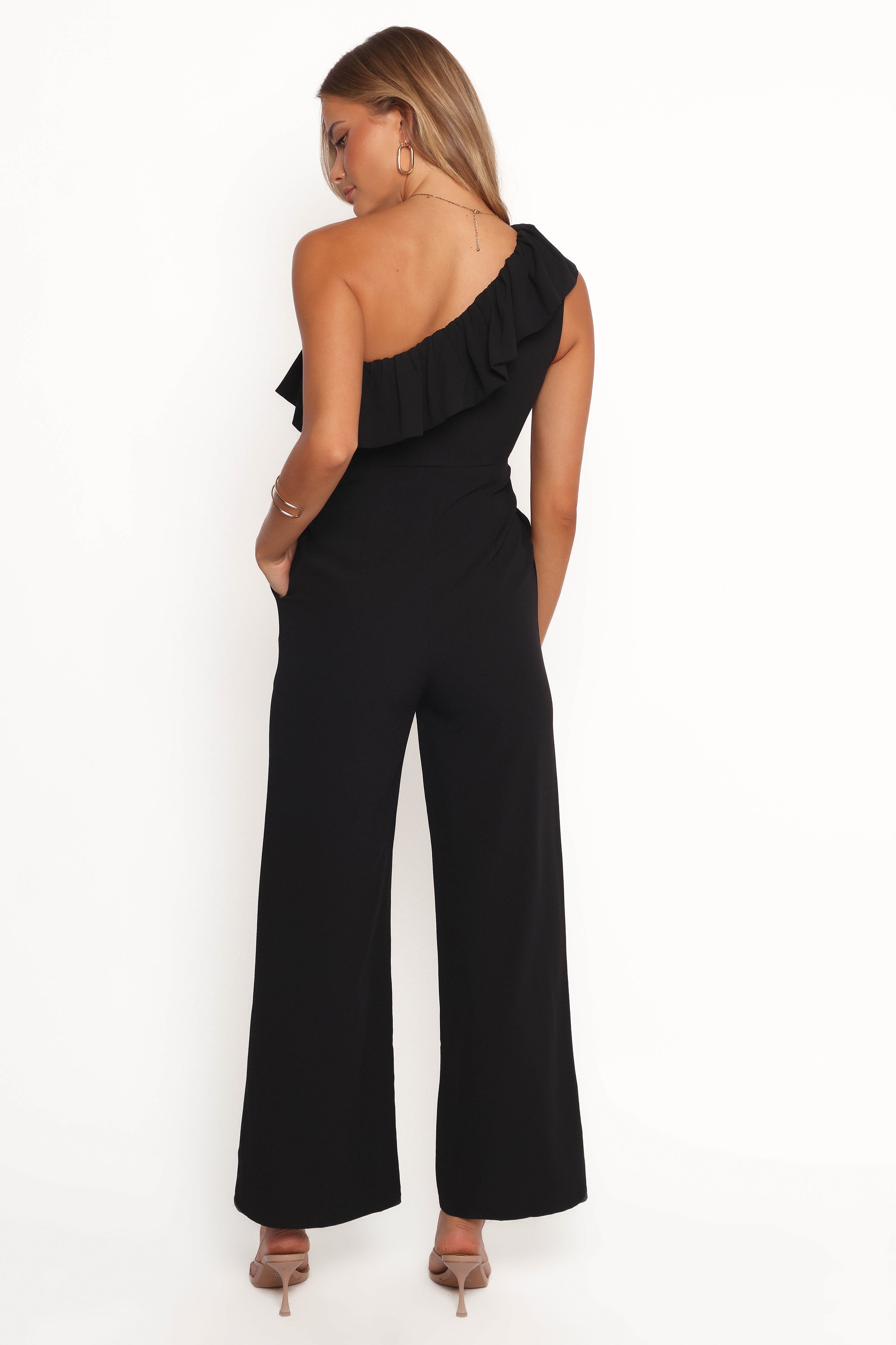 Talita Black One Shoulder Jumpsuit with Pockets & Frill Detail
