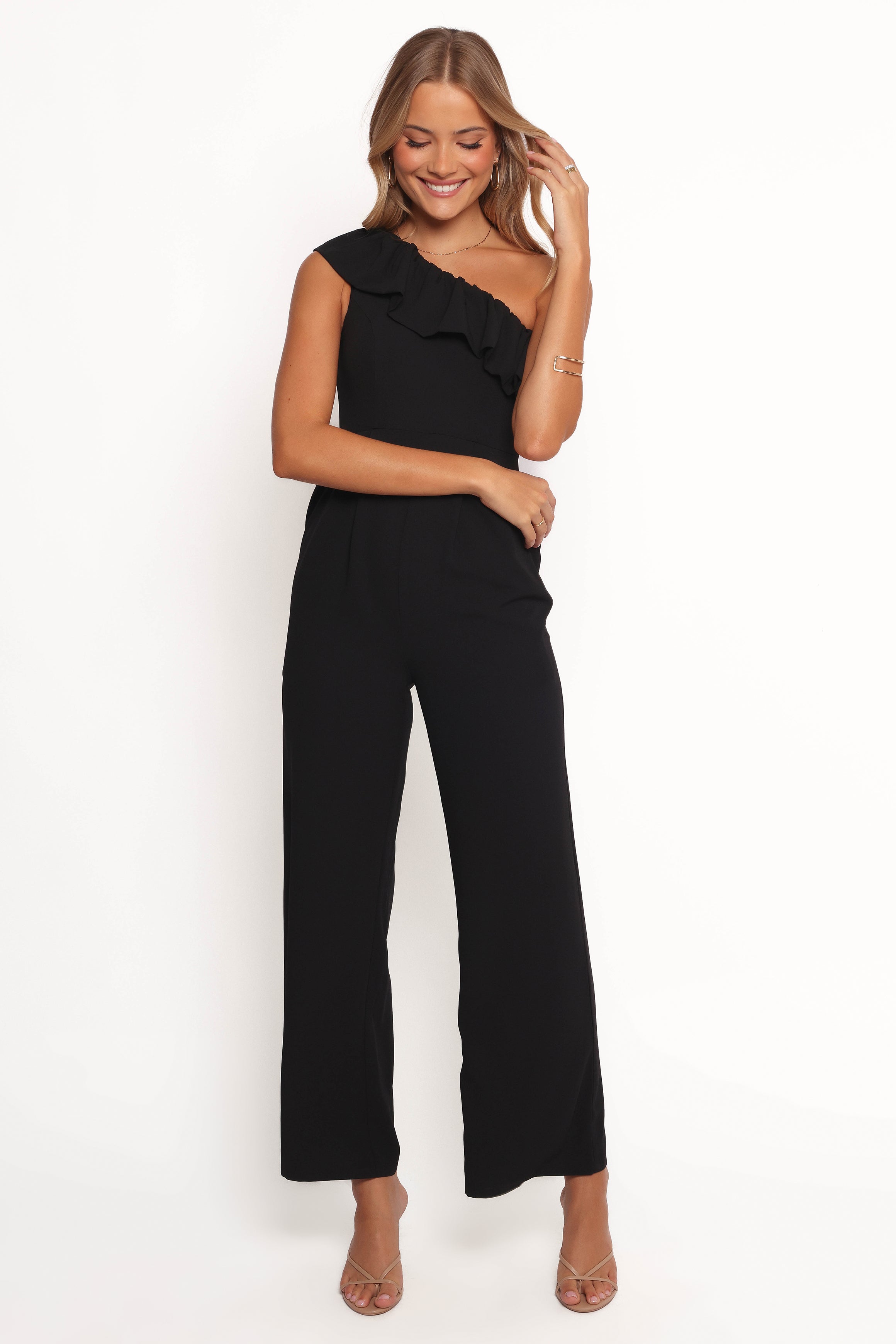 Talita Black One Shoulder Jumpsuit with Pockets & Frill Detail