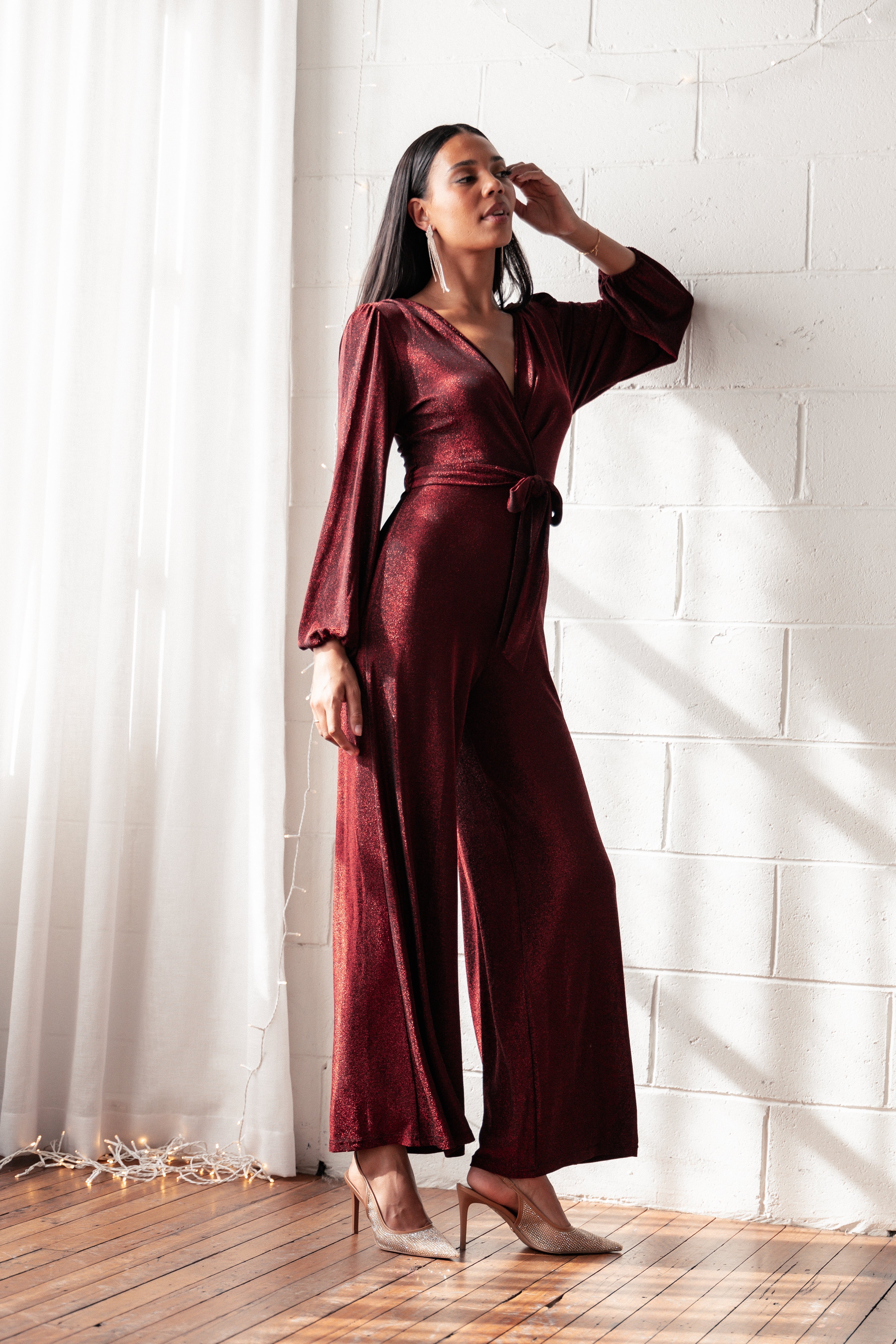 Red Nora V-Neck Long Sleeve Jumpsuit with Waist Tie - Women's Elegant Wide Leg Romper