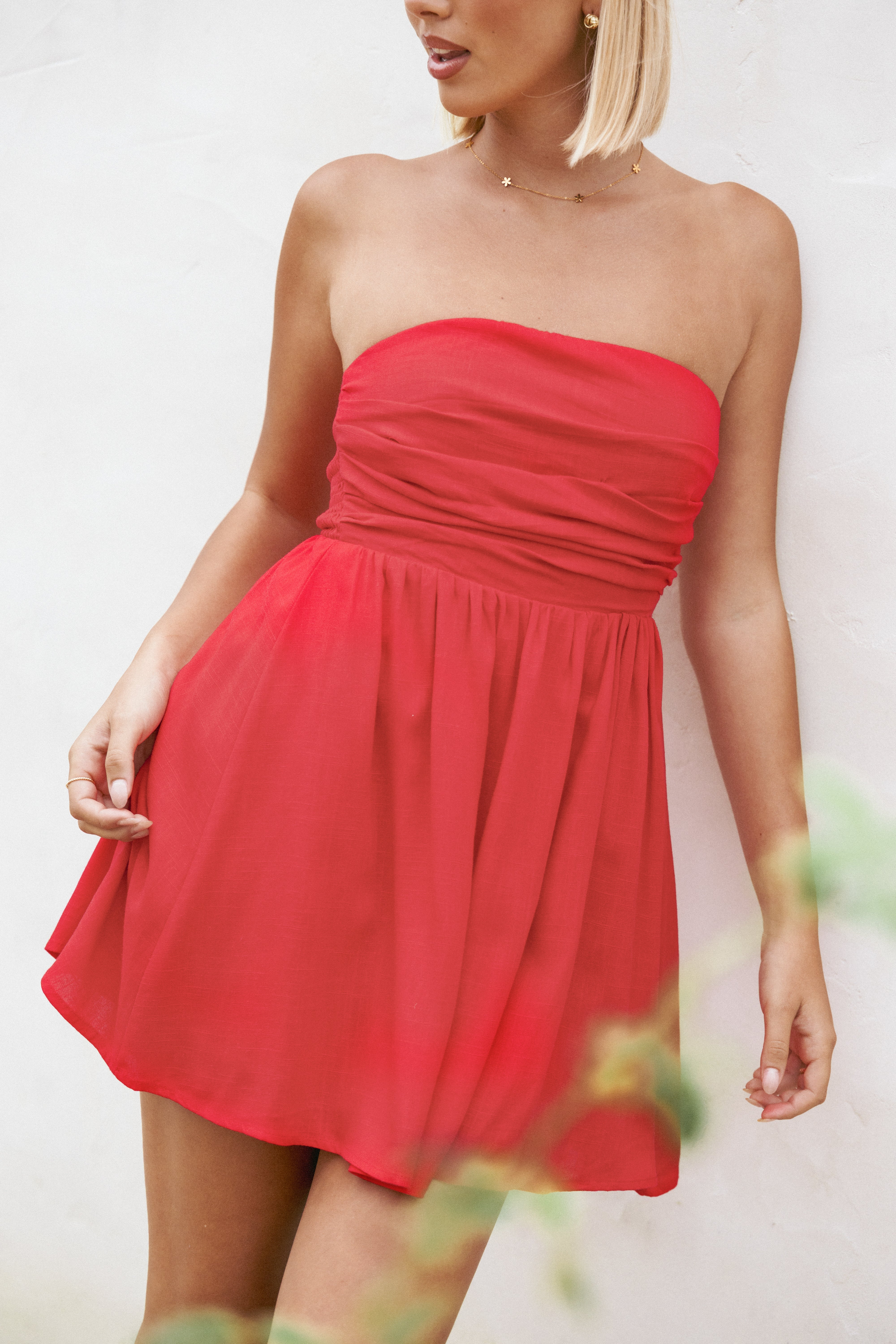 Red Strapless Mini Dress - Pleated Bodice & Shirred Back | Katy