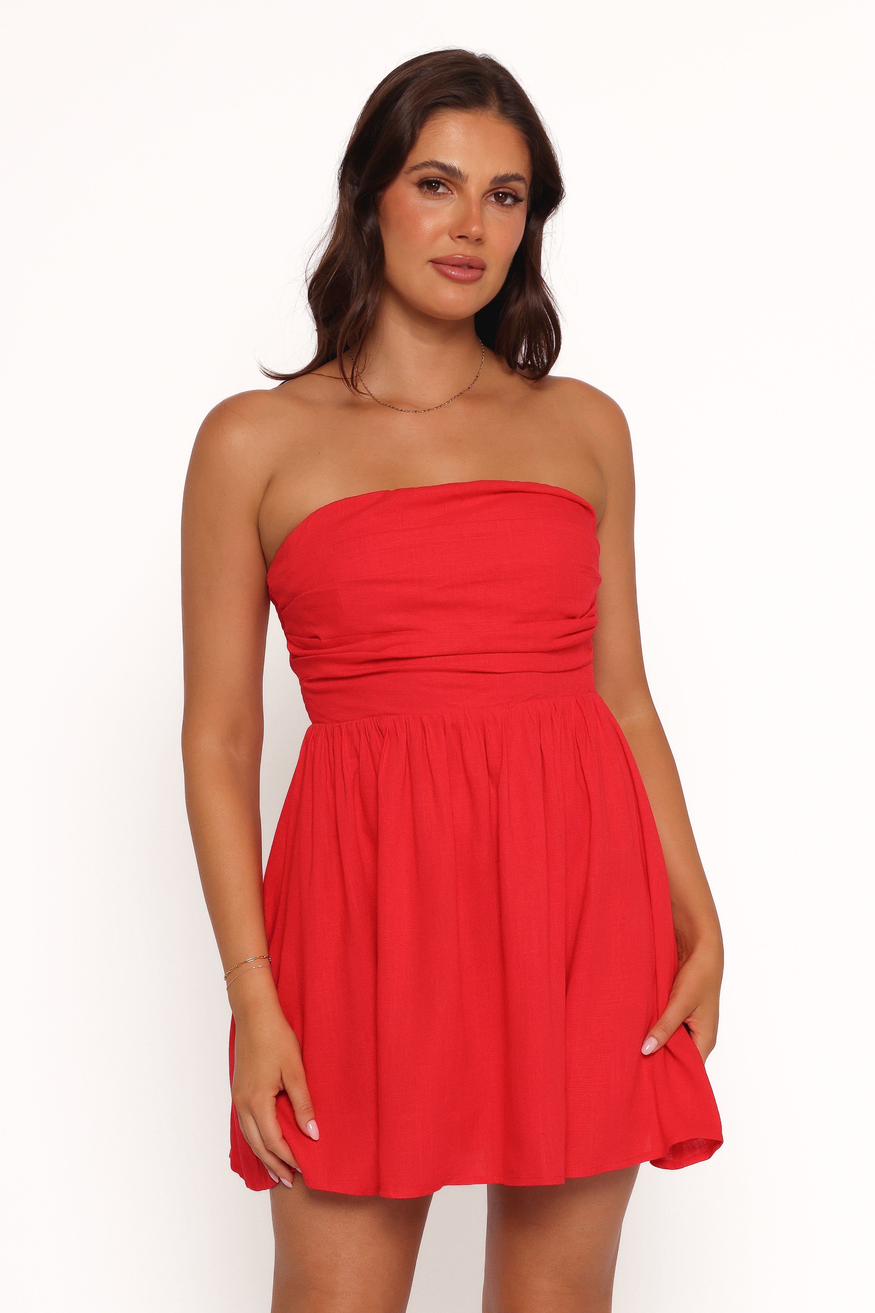 Red Strapless Mini Dress - Pleated Bodice & Shirred Back | Katy