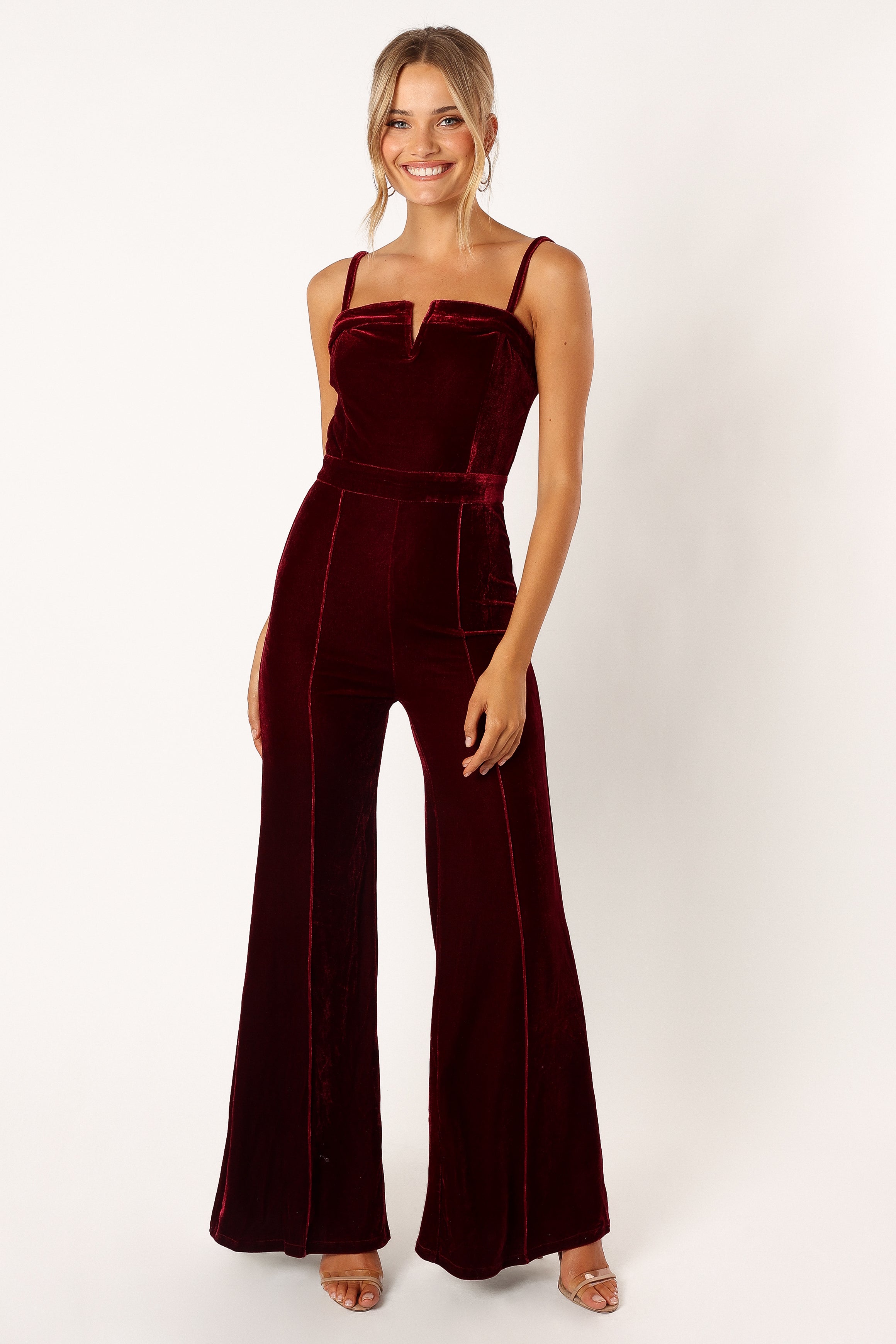 Lexie Burgundy Velvet Jumpsuit - V-Neck Wide Leg Style