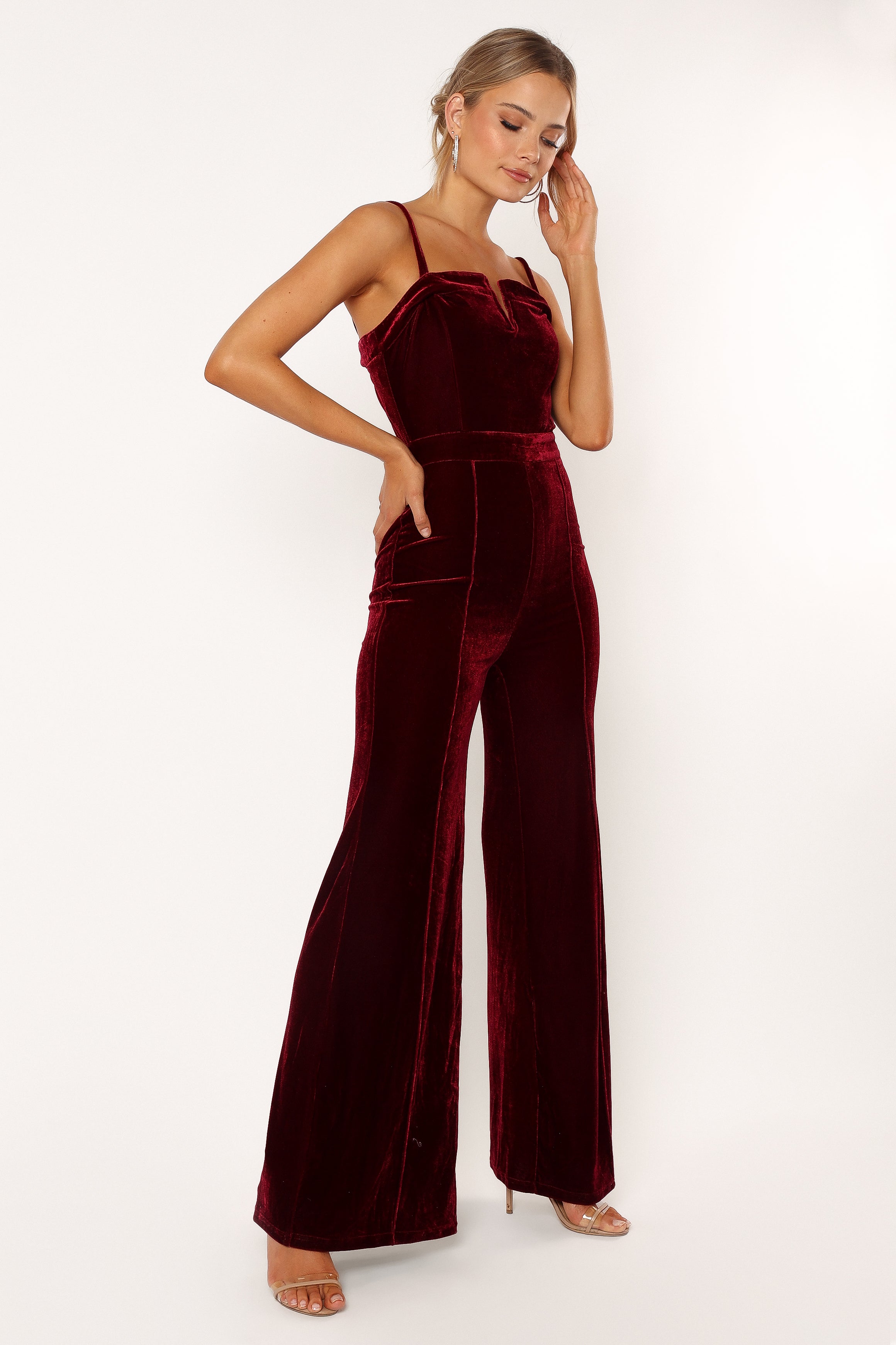 Lexie Burgundy Velvet Jumpsuit - V-Neck Wide Leg Style