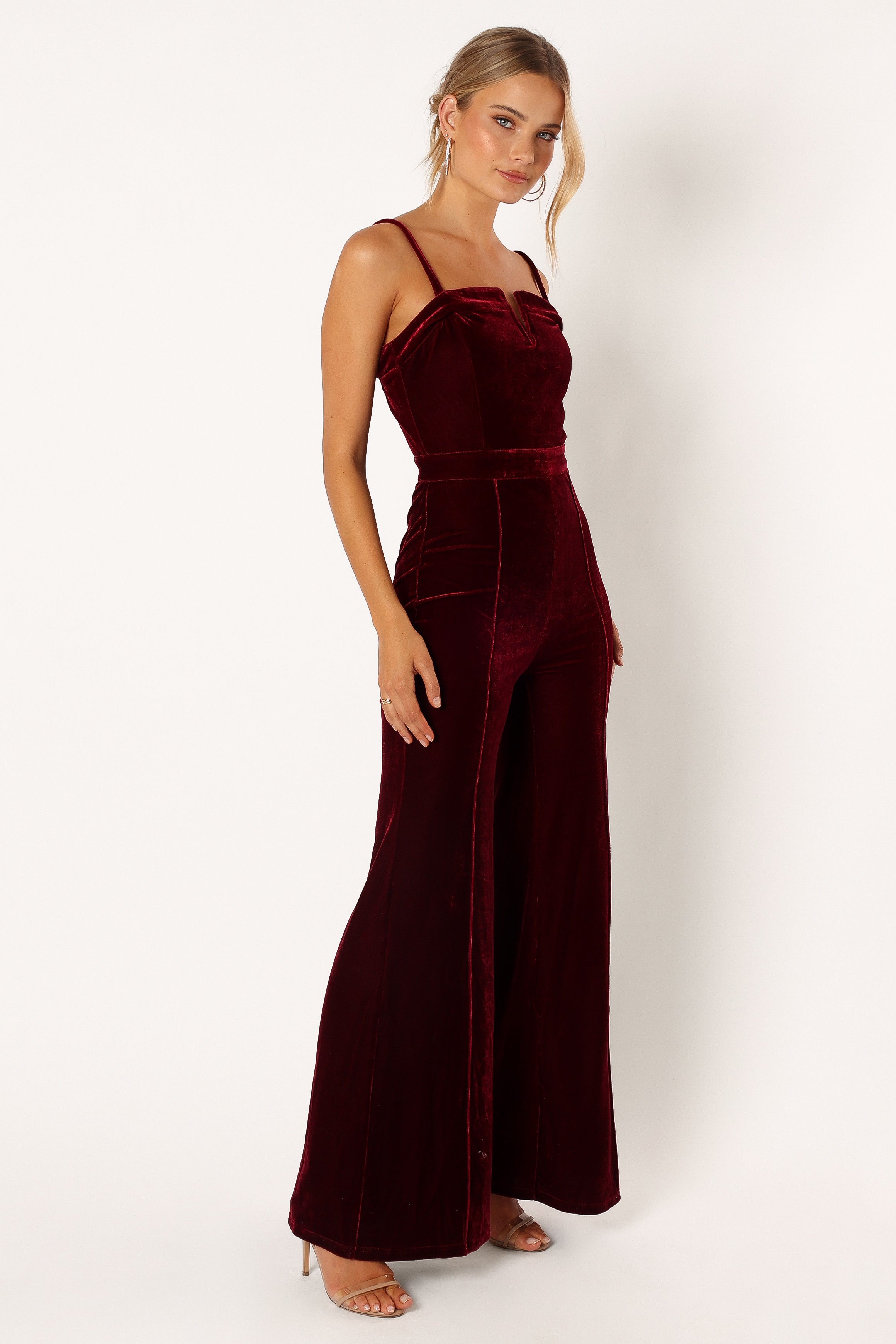 Lexie Burgundy Velvet Jumpsuit - V-Neck Wide Leg Style