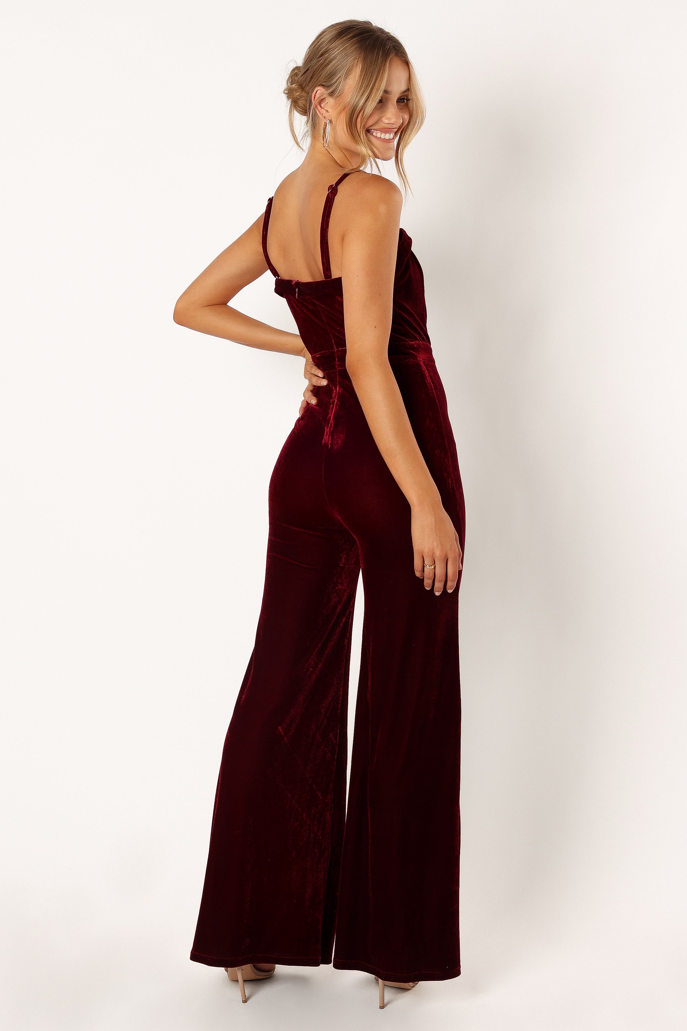 Lexie Burgundy Velvet Jumpsuit - V-Neck Wide Leg Style