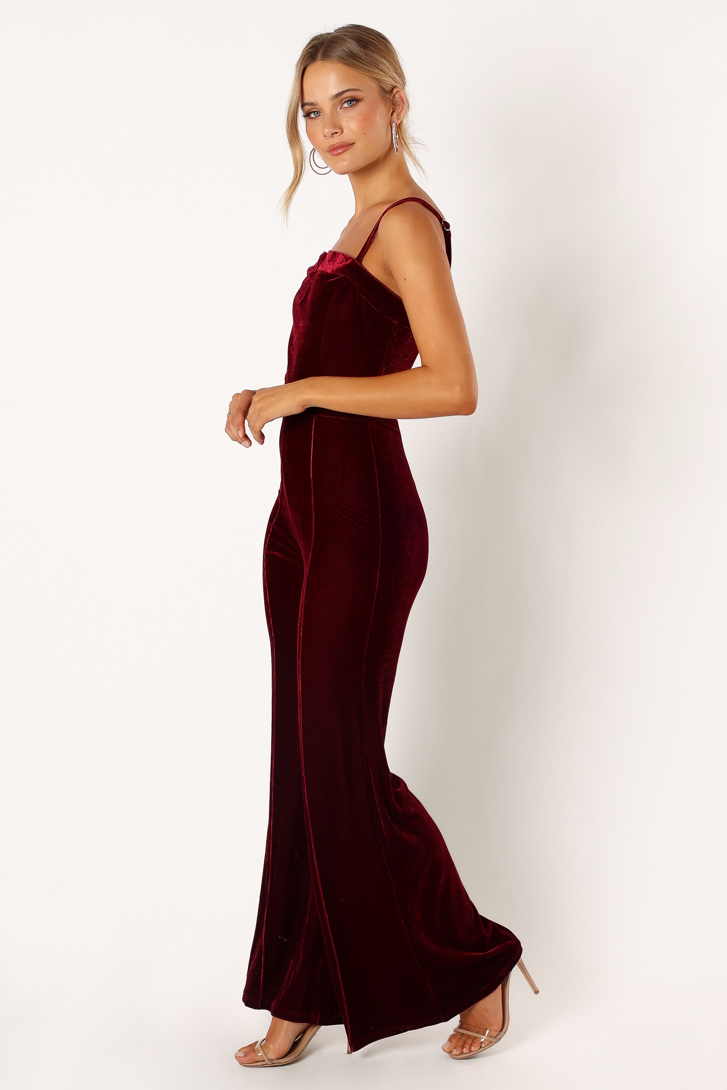 Lexie Burgundy Velvet Jumpsuit - V-Neck Wide Leg Style
