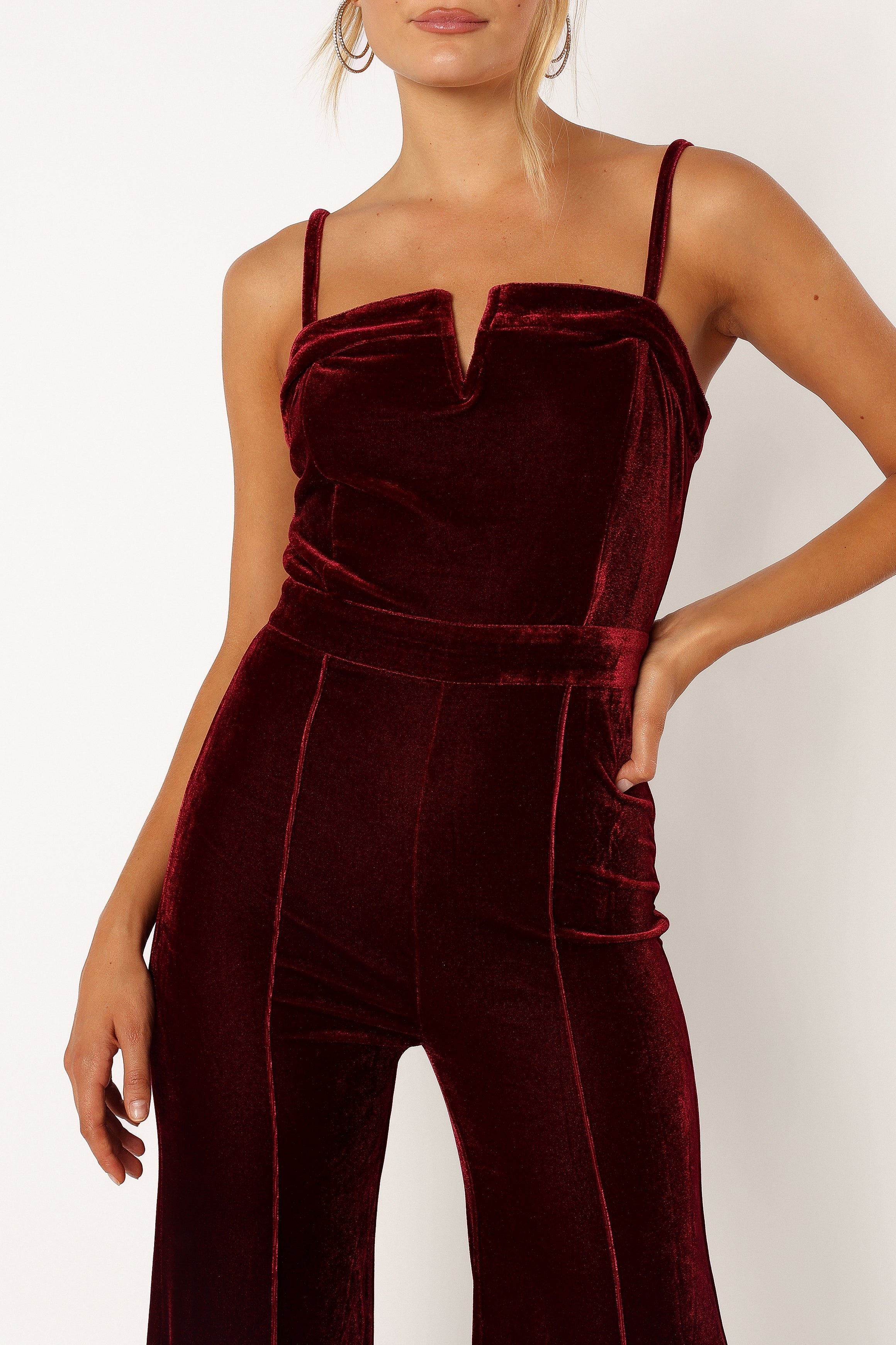 Lexie Burgundy Velvet Jumpsuit - V-Neck Wide Leg Style