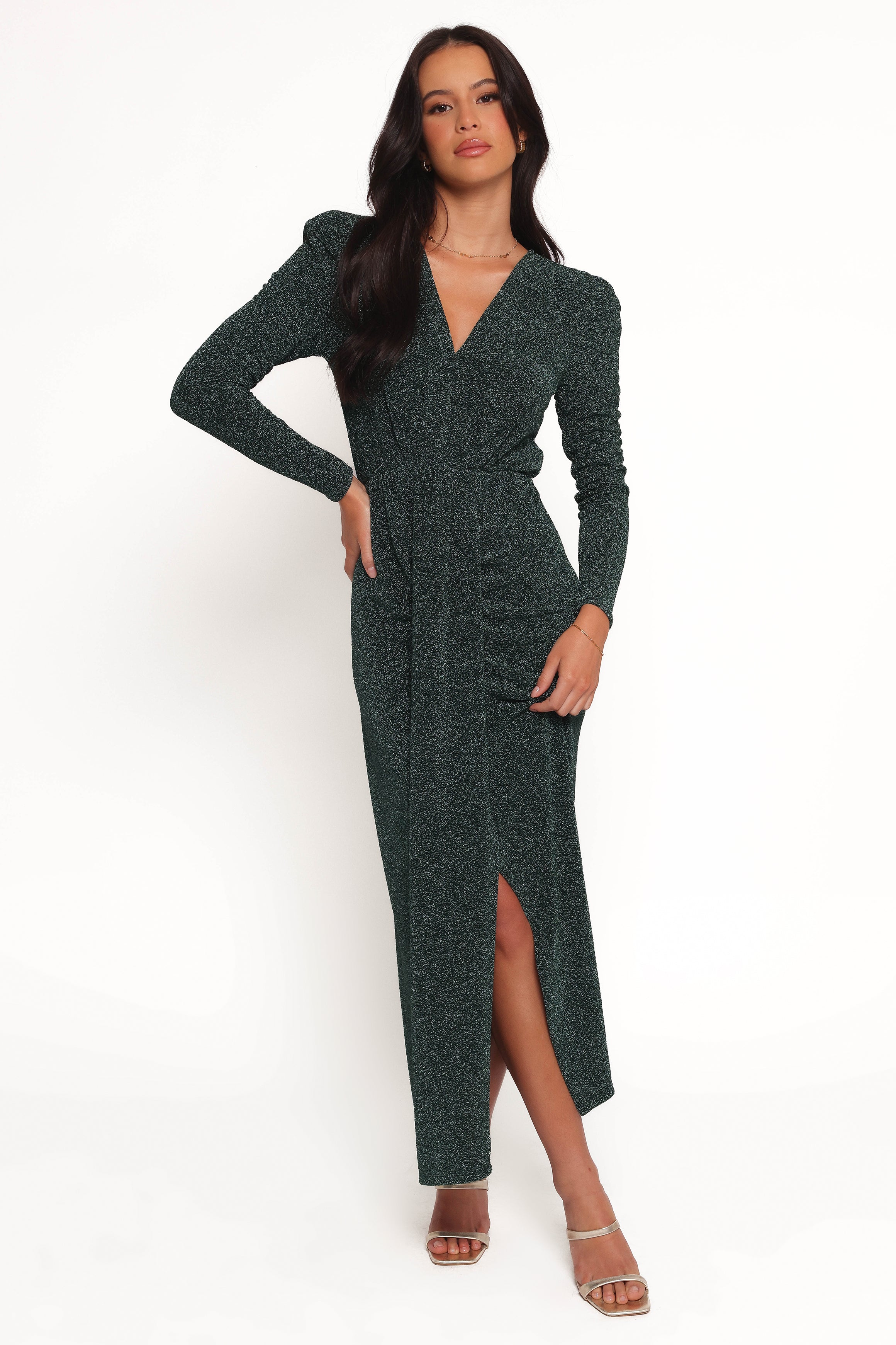 Emerald Green Bodycon Maxi Dress with V-Neck & Long Sleeves - Grayson