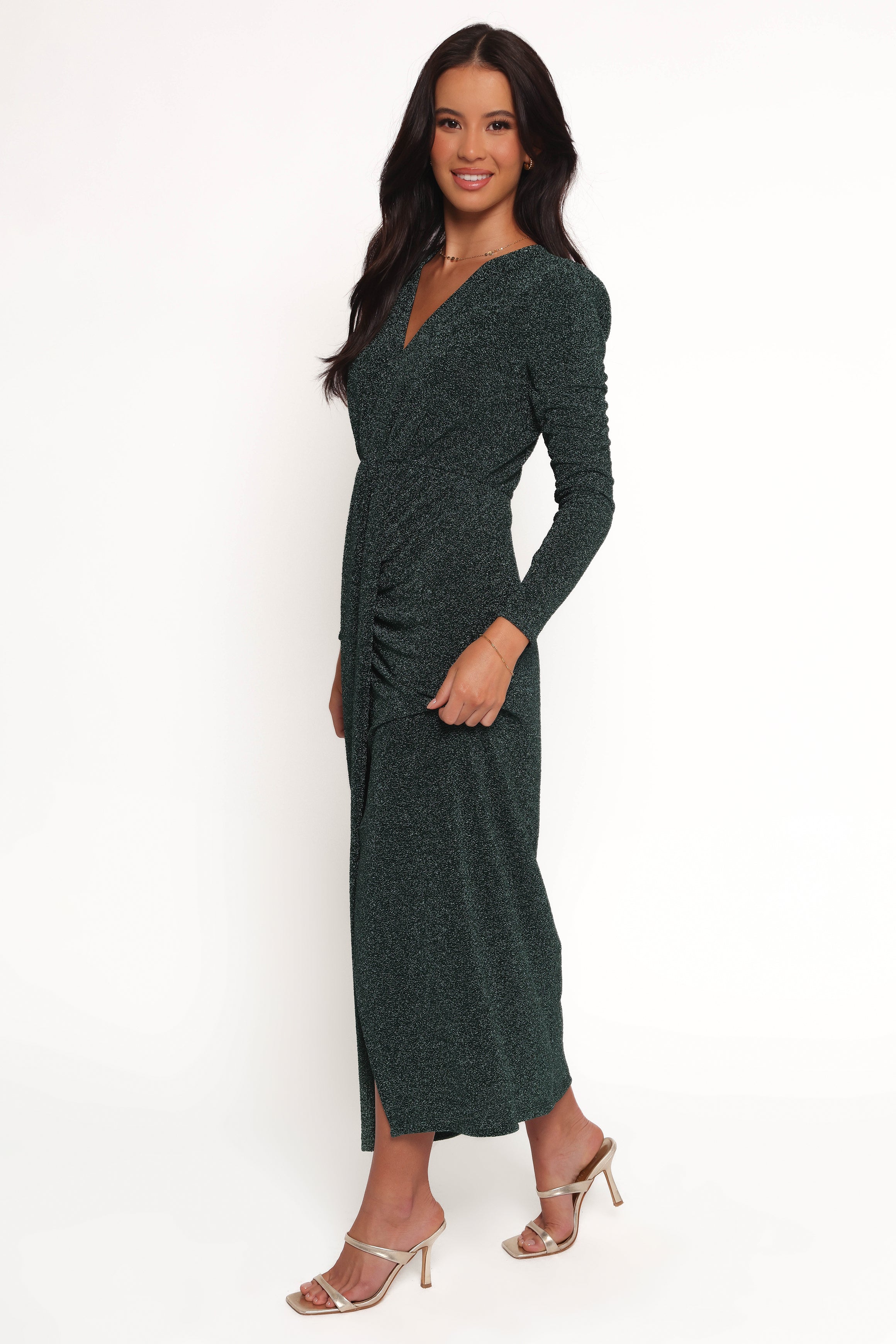 Emerald Green Bodycon Maxi Dress with V-Neck & Long Sleeves - Grayson