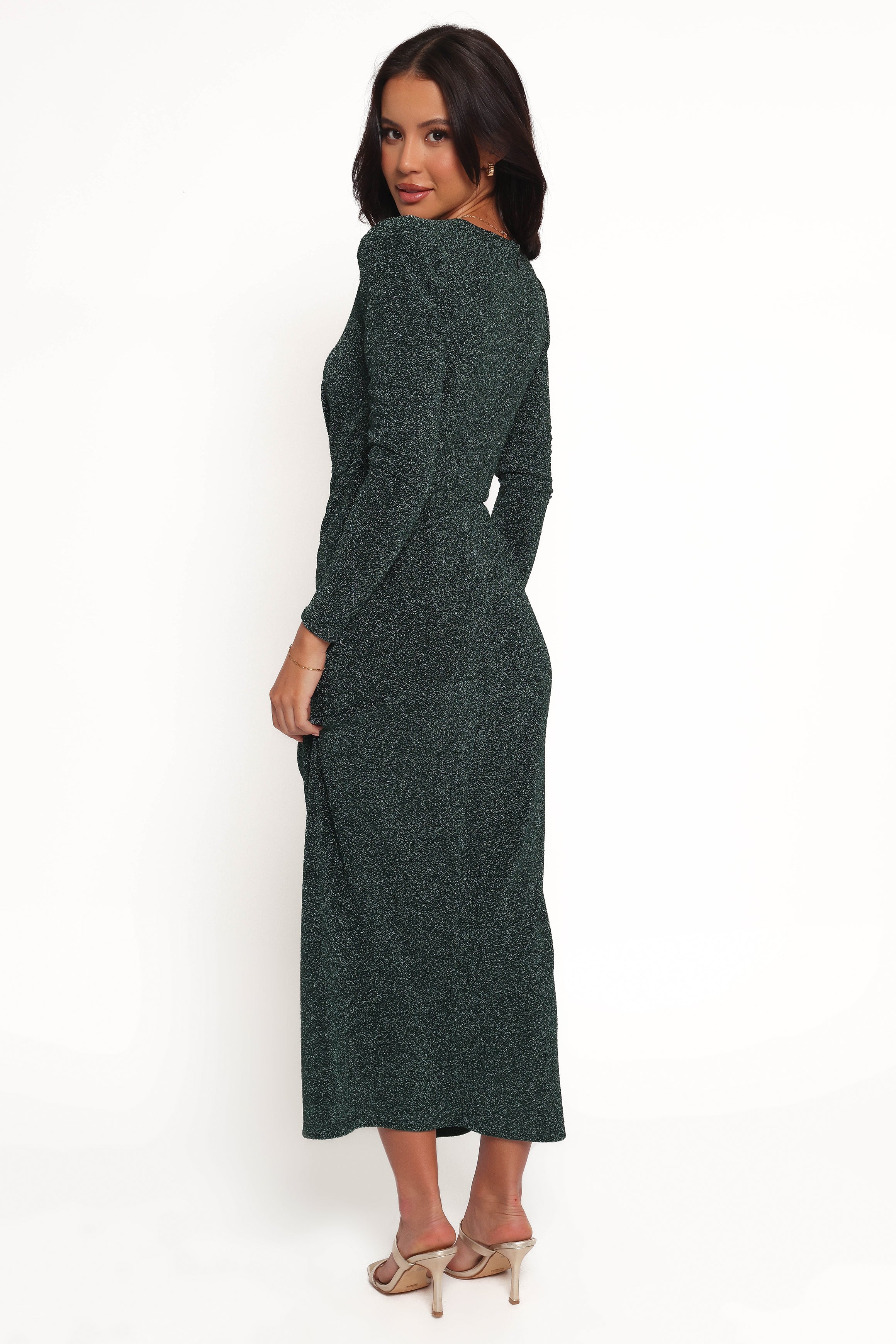 Emerald Green Bodycon Maxi Dress with V-Neck & Long Sleeves - Grayson