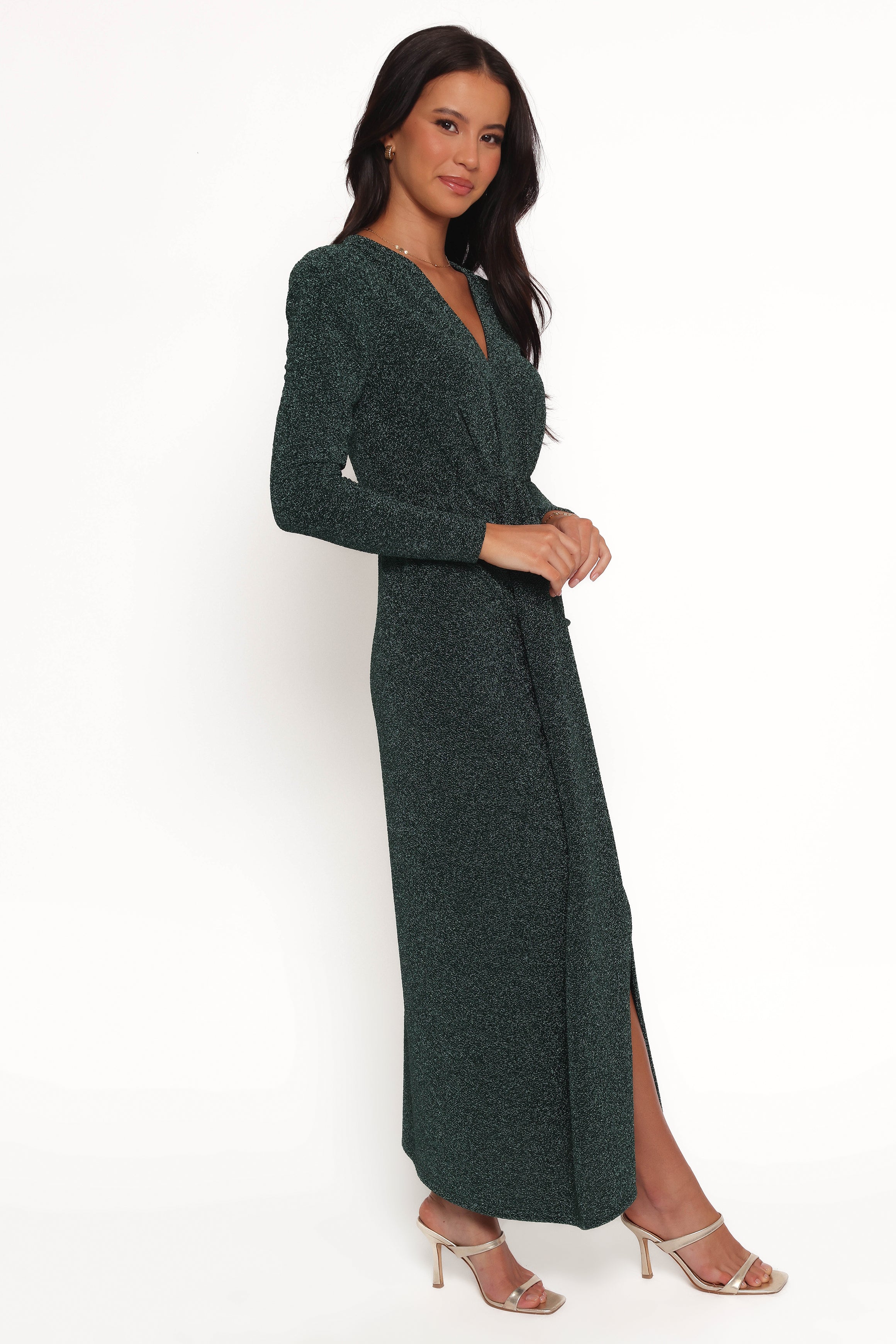 Emerald Green Bodycon Maxi Dress with V-Neck & Long Sleeves - Grayson