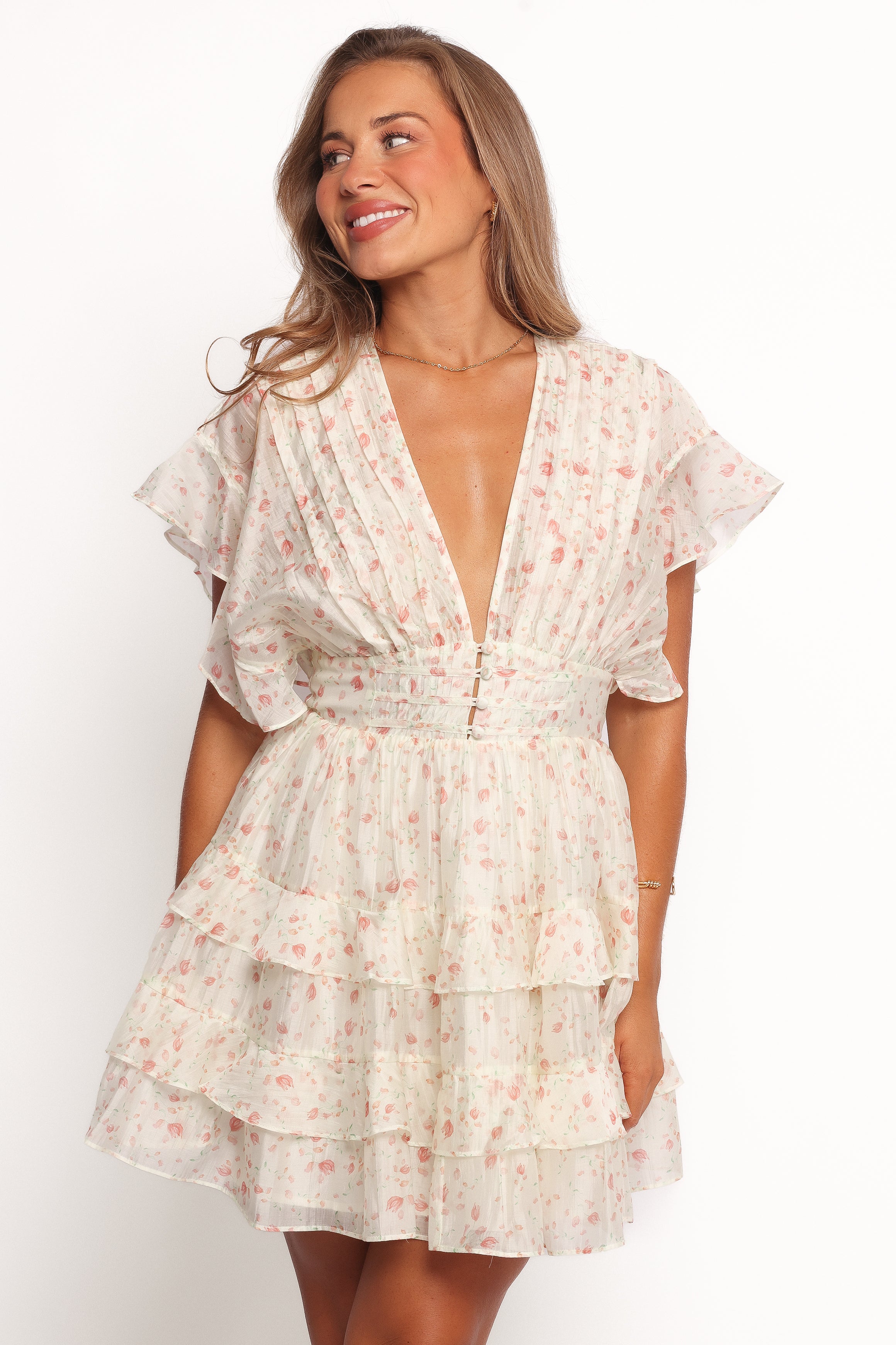 Tamsin Floral Mini Dress - Cream Coral Ruffled V-Neck