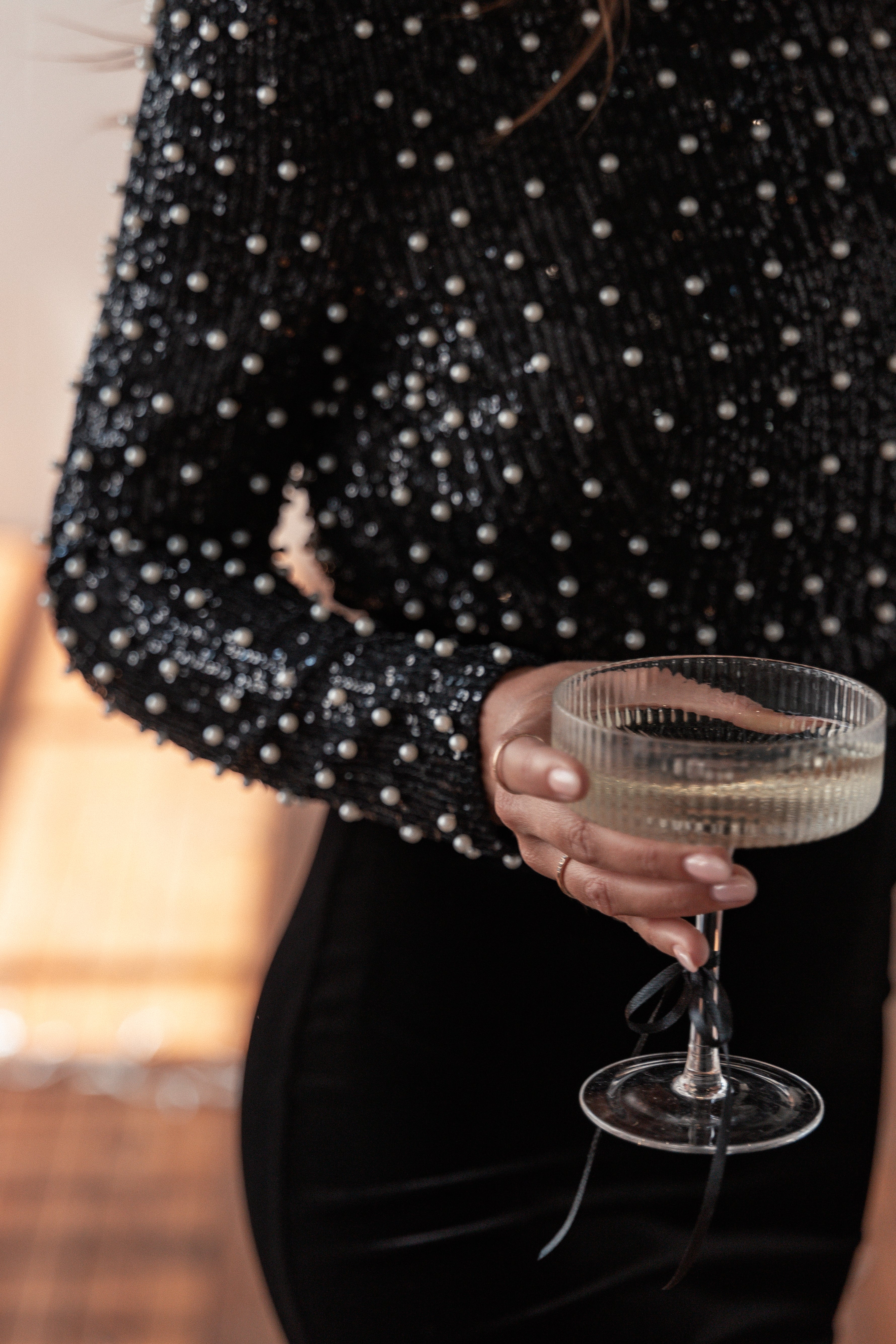 Black Sadie Cropped Top with Sequin & Pearl Details - Long Sleeve Women's Blouse
