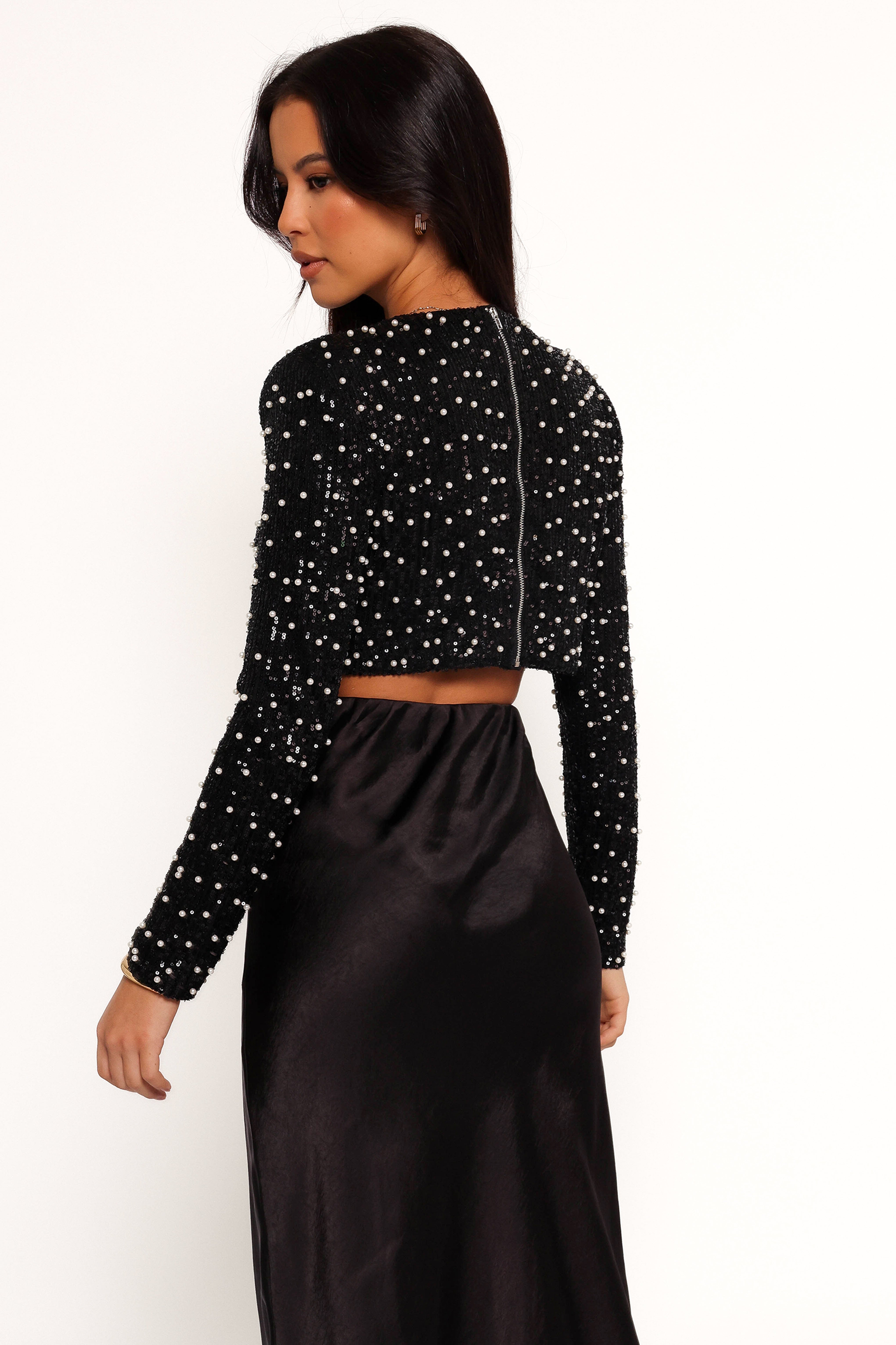 Black Sadie Cropped Top with Sequin & Pearl Details - Long Sleeve Women's Blouse