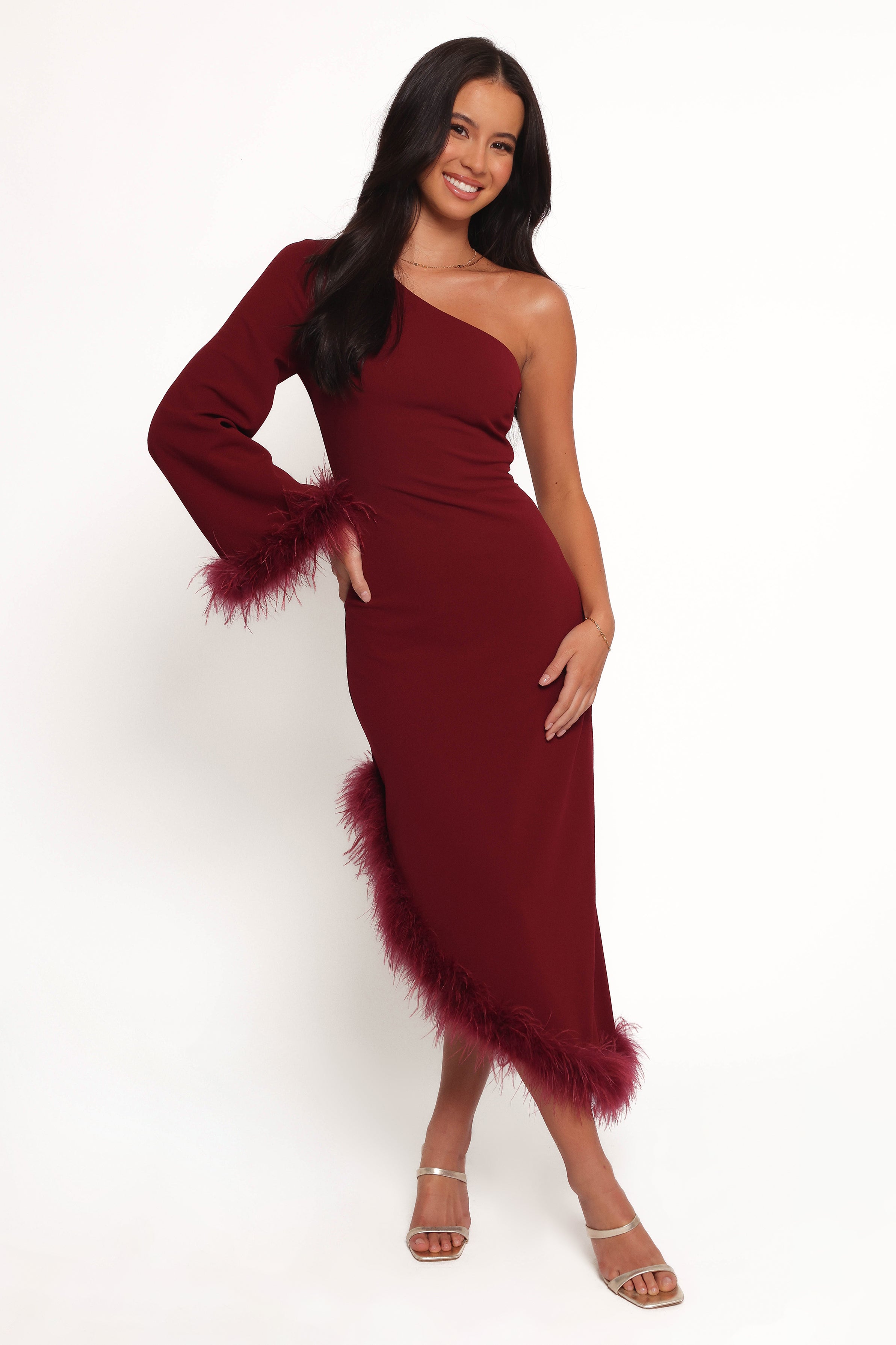 One Shoulder Deep Wine Midi Dress with Feather Trim | Dame