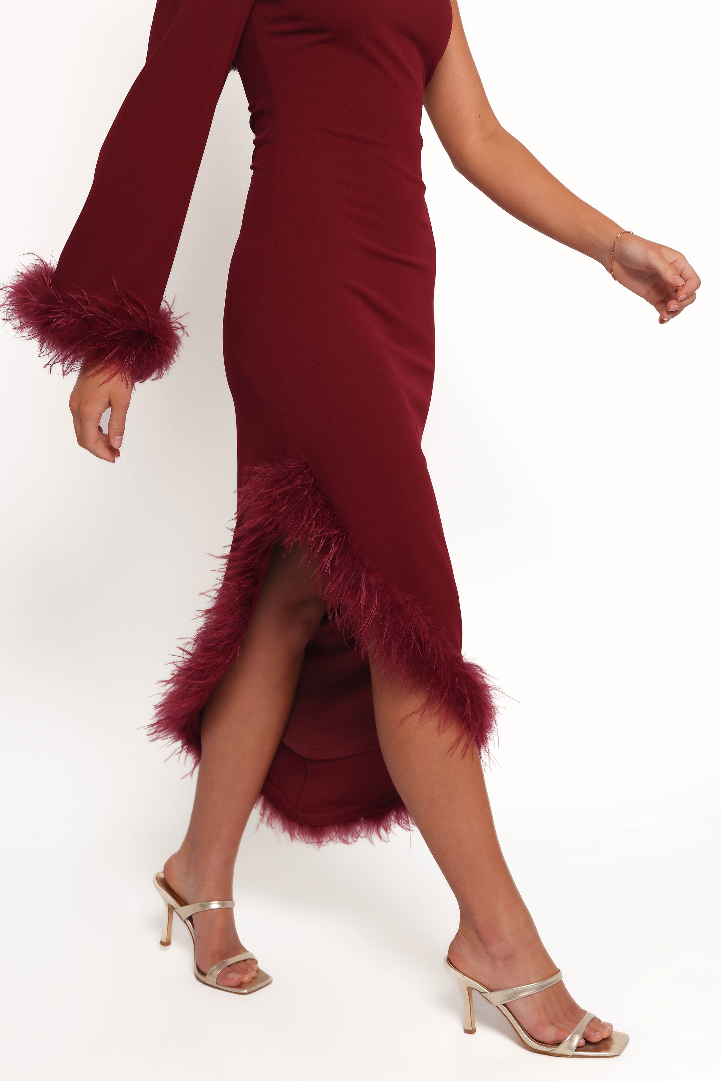 One Shoulder Deep Wine Midi Dress with Feather Trim | Dame