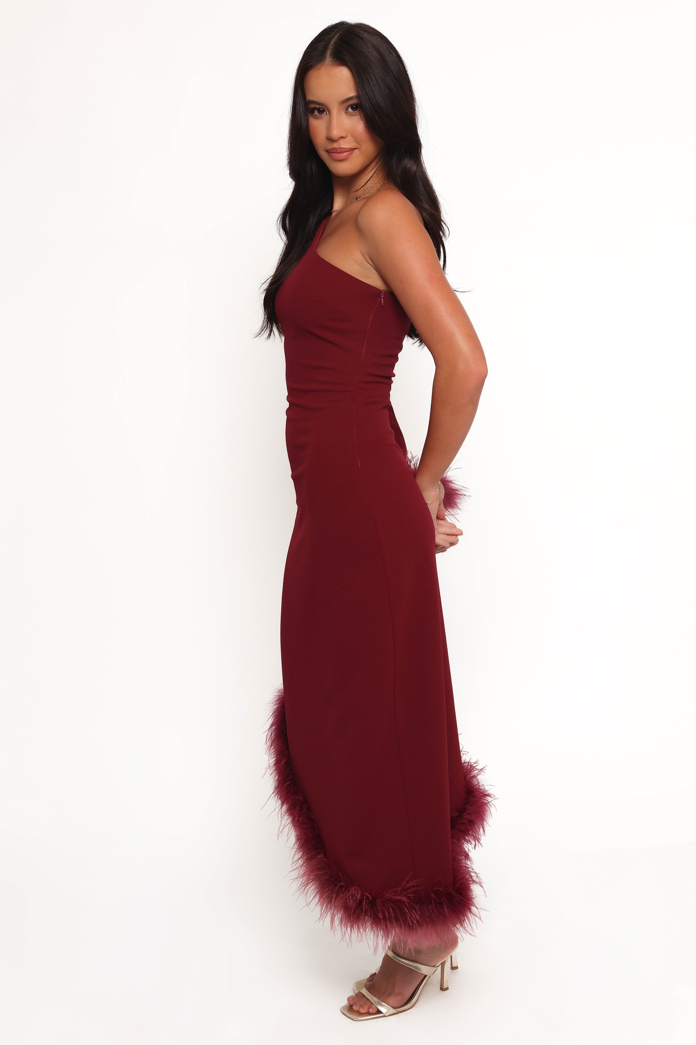One Shoulder Deep Wine Midi Dress with Feather Trim | Dame