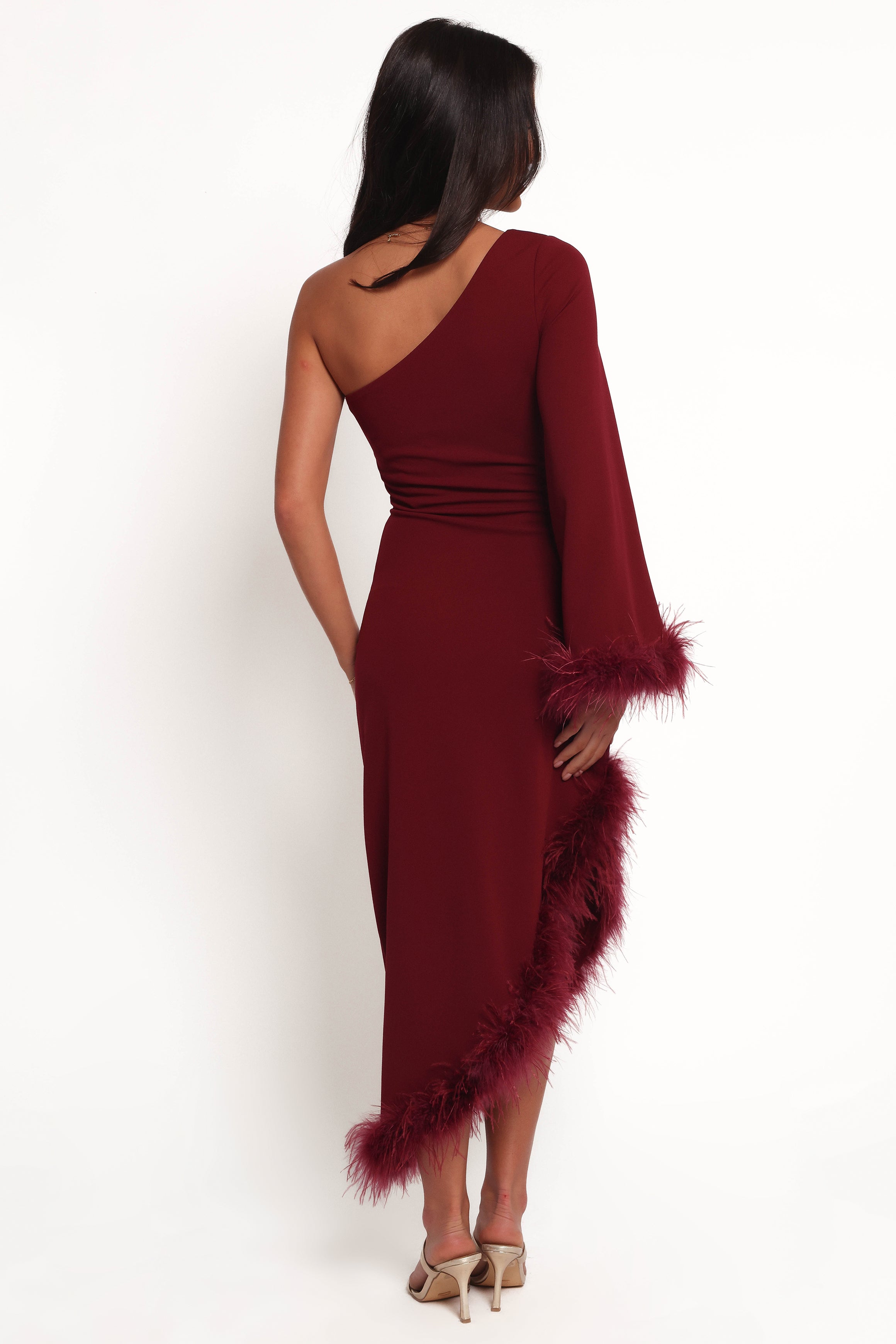 One Shoulder Deep Wine Midi Dress with Feather Trim | Dame
