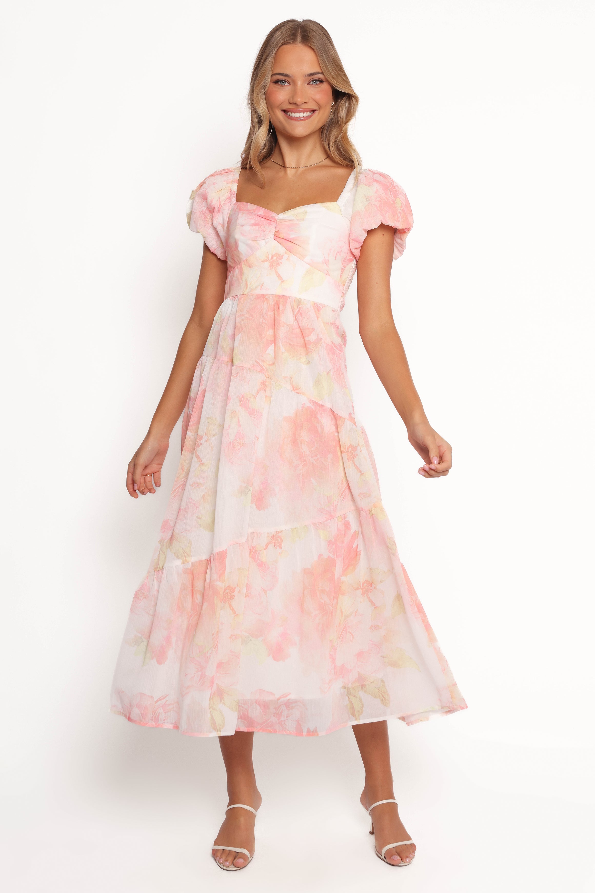 Peach Floral Midi Dress with Puff Sleeves - Lumis