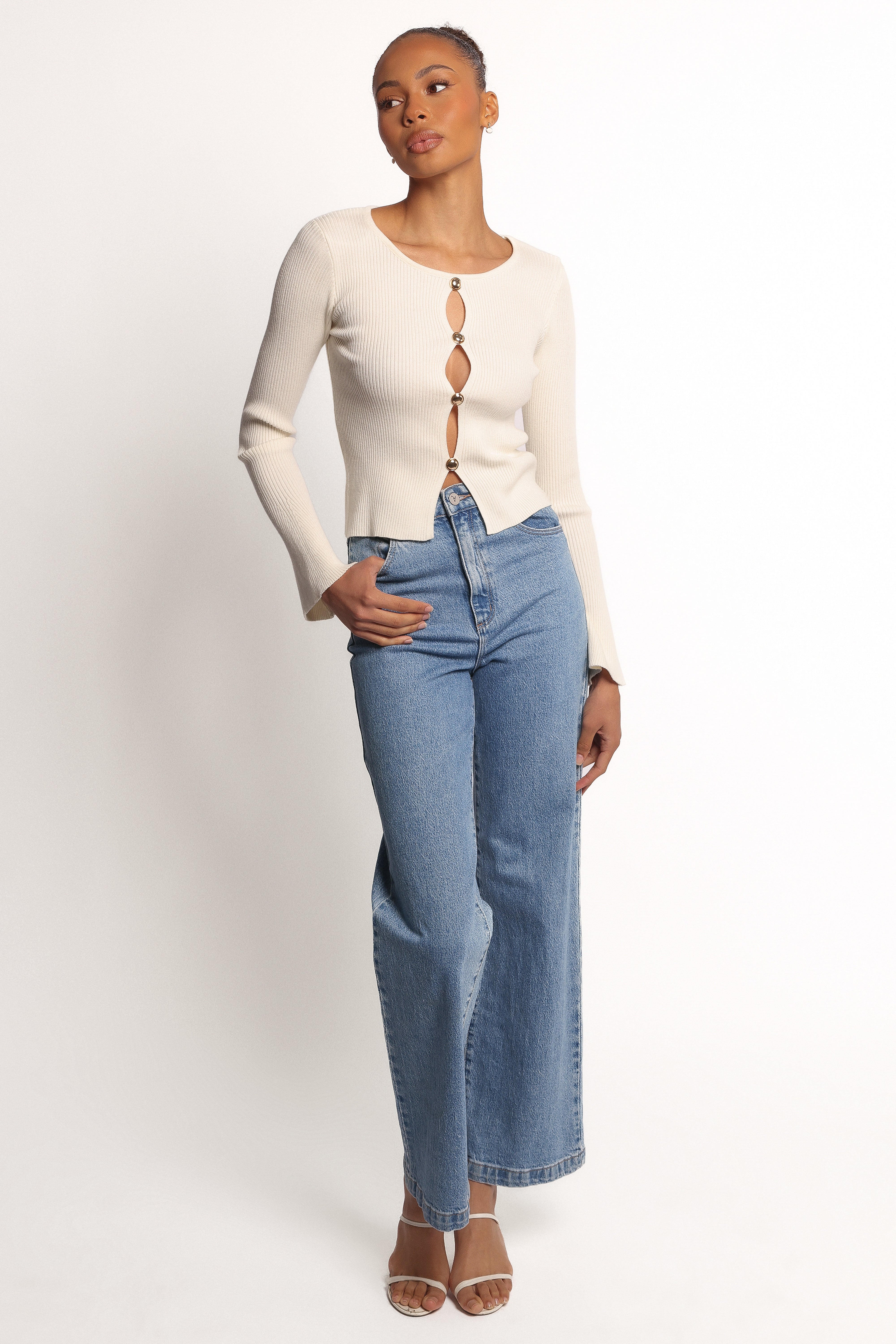 Rosienna Cream Ribbed Knit Top with Cut Out Detail