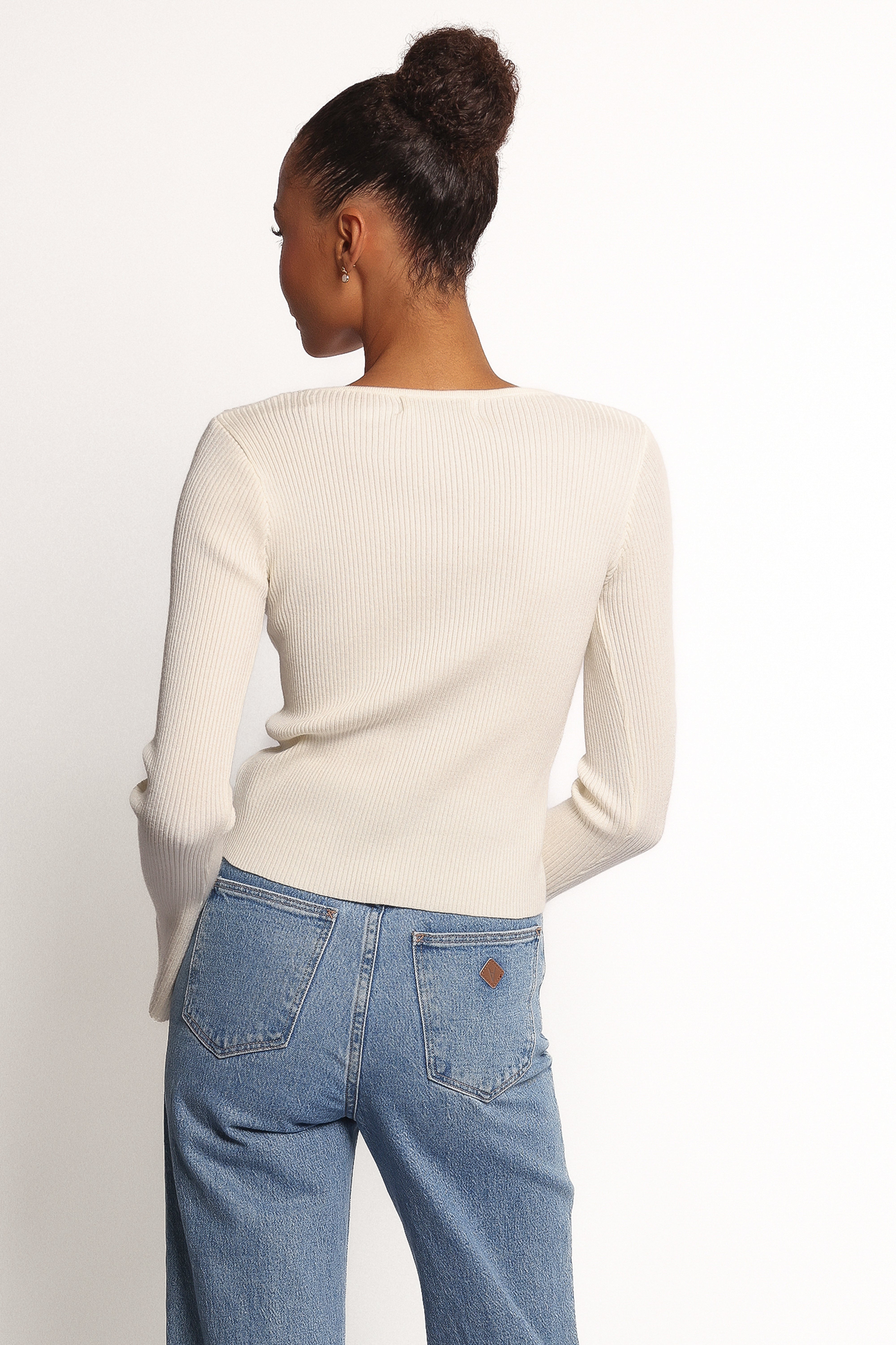 Rosienna Cream Ribbed Knit Top with Cut Out Detail