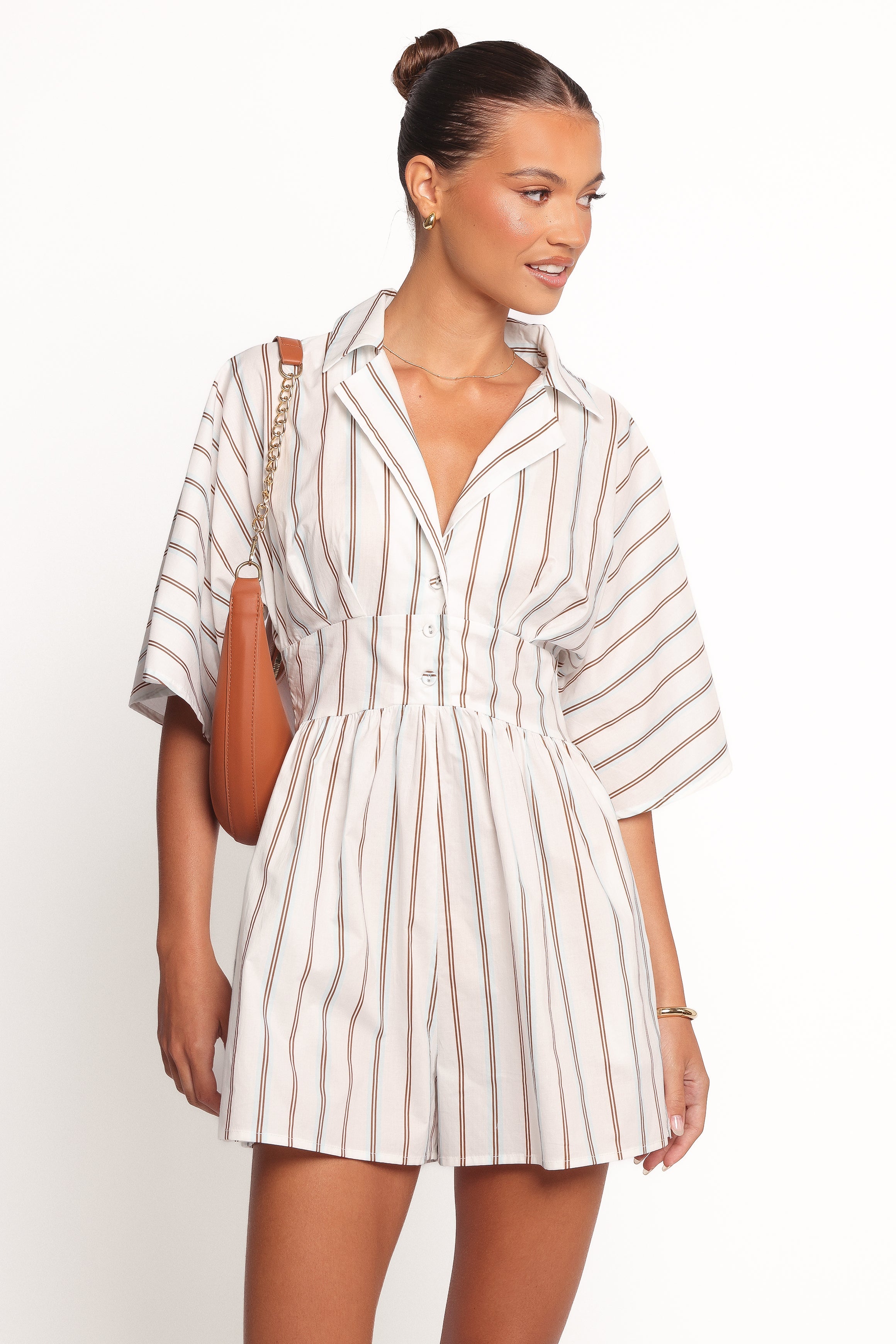 Sonyalle Cotton Romper with Collar & Pockets - Blue Brown Stripe