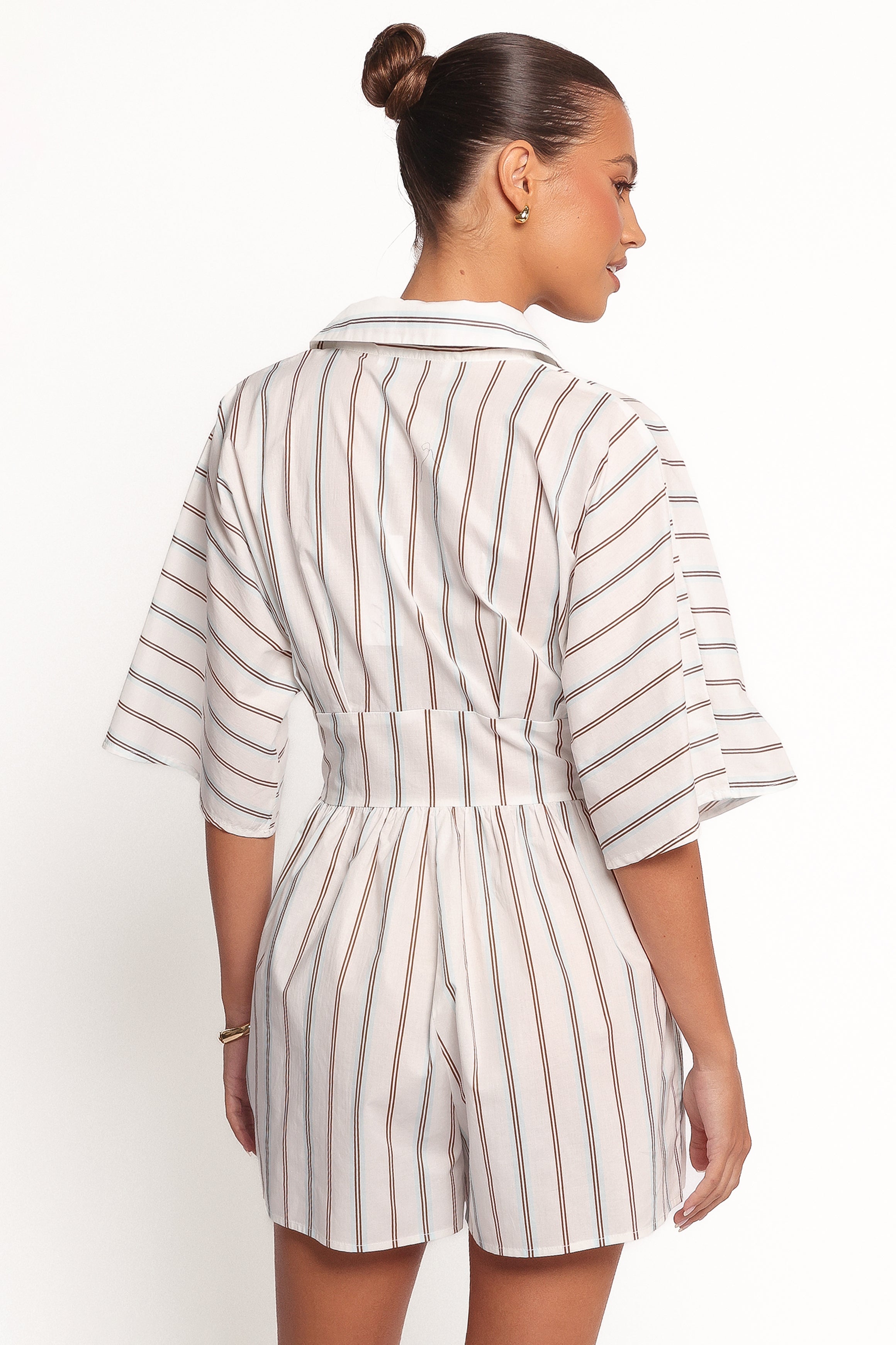 Sonyalle Cotton Romper with Collar & Pockets - Blue Brown Stripe