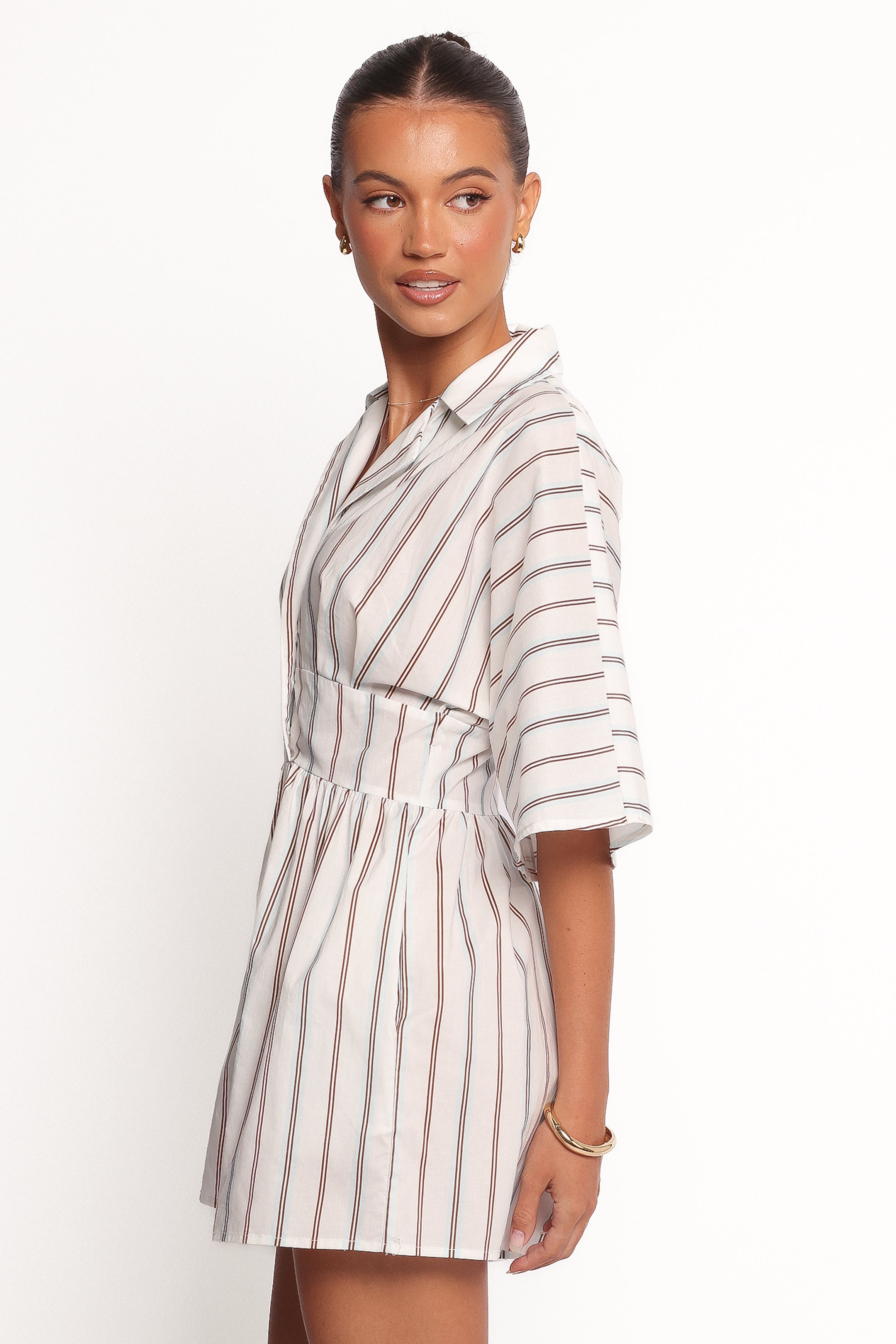 Sonyalle Cotton Romper with Collar & Pockets - Blue Brown Stripe