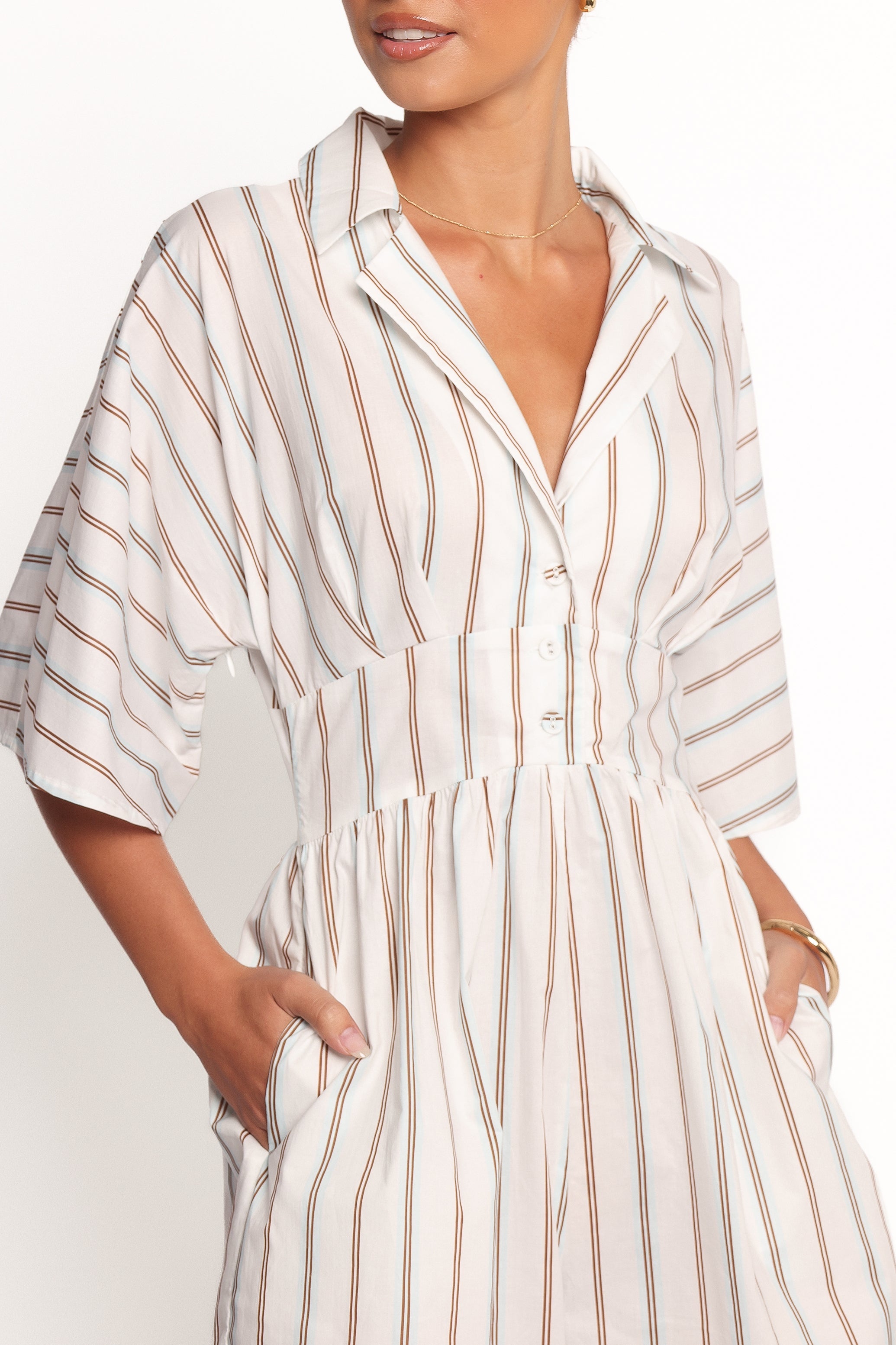 Sonyalle Cotton Romper with Collar & Pockets - Blue Brown Stripe