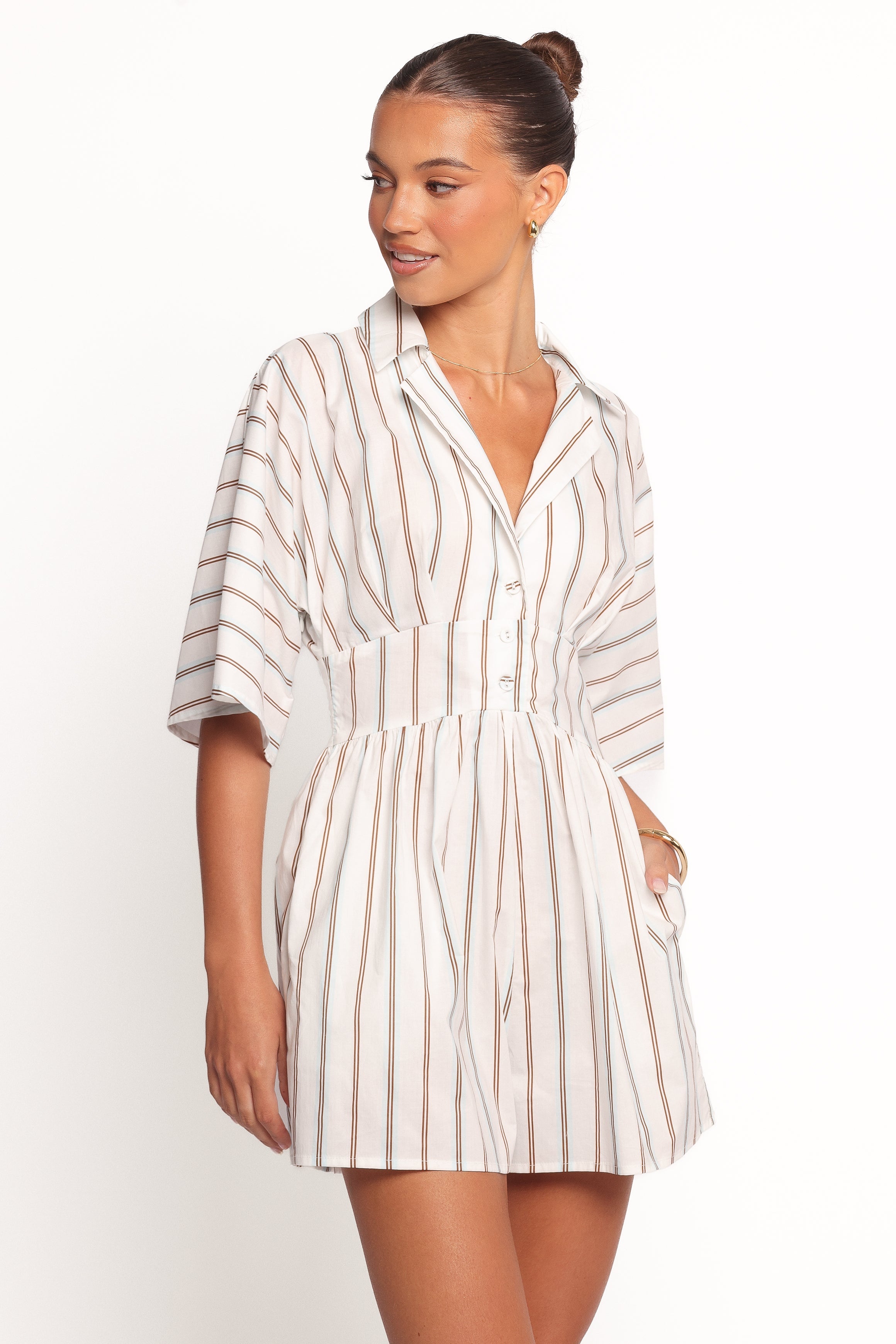 Sonyalle Cotton Romper with Collar & Pockets - Blue Brown Stripe