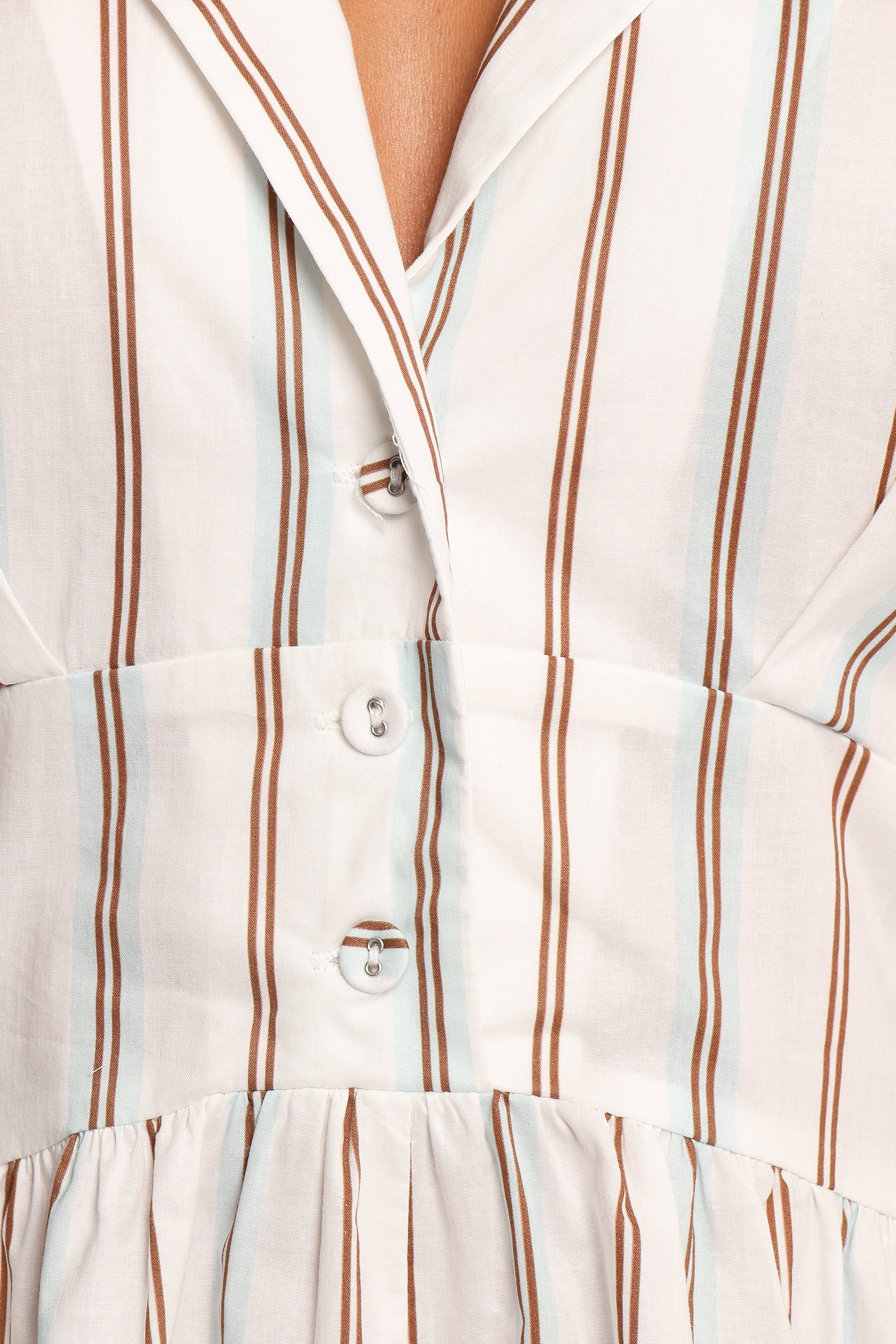 Sonyalle Cotton Romper with Collar & Pockets - Blue Brown Stripe