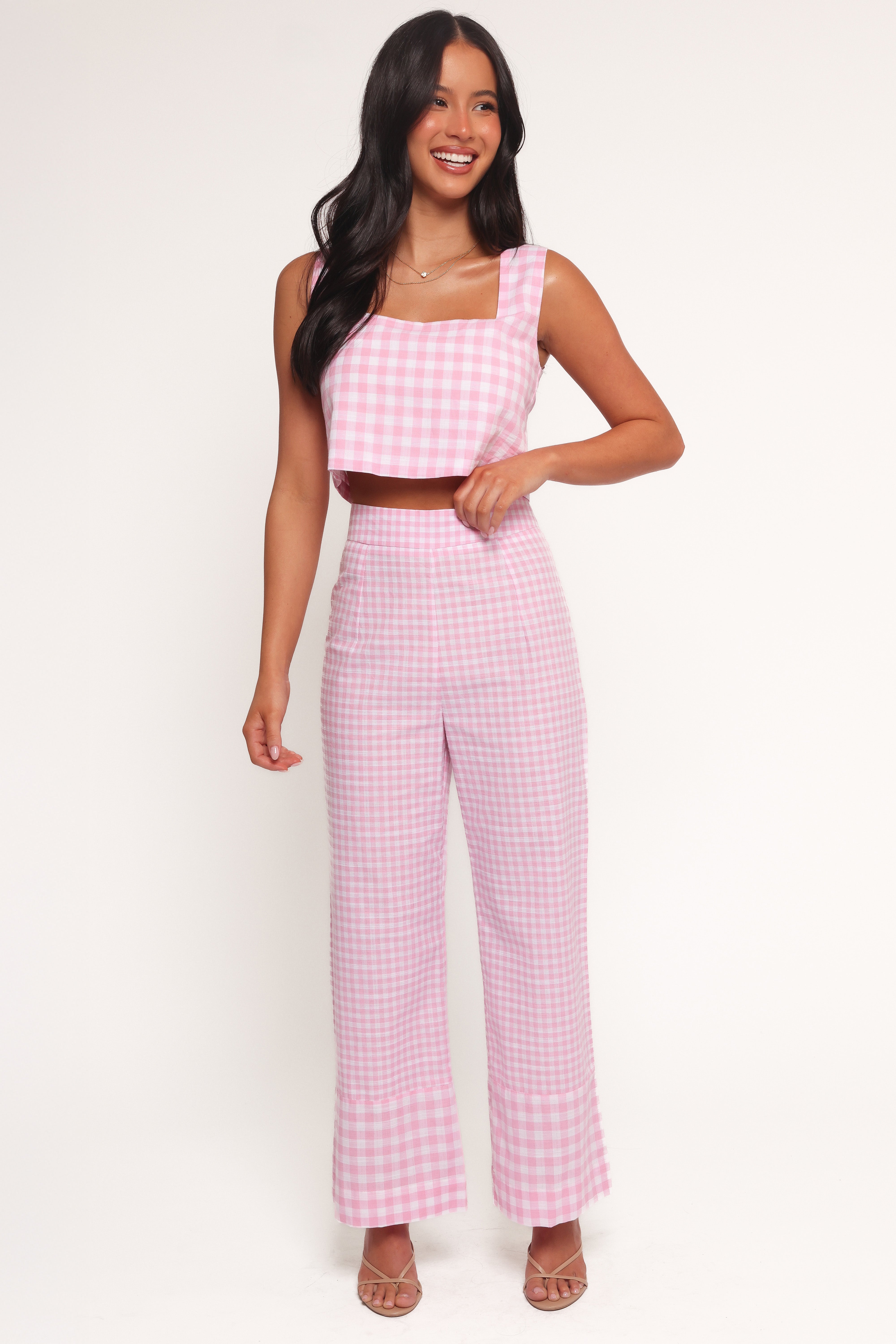 Devlin High Waisted Cotton Wide Leg Pants - Pink Gingham