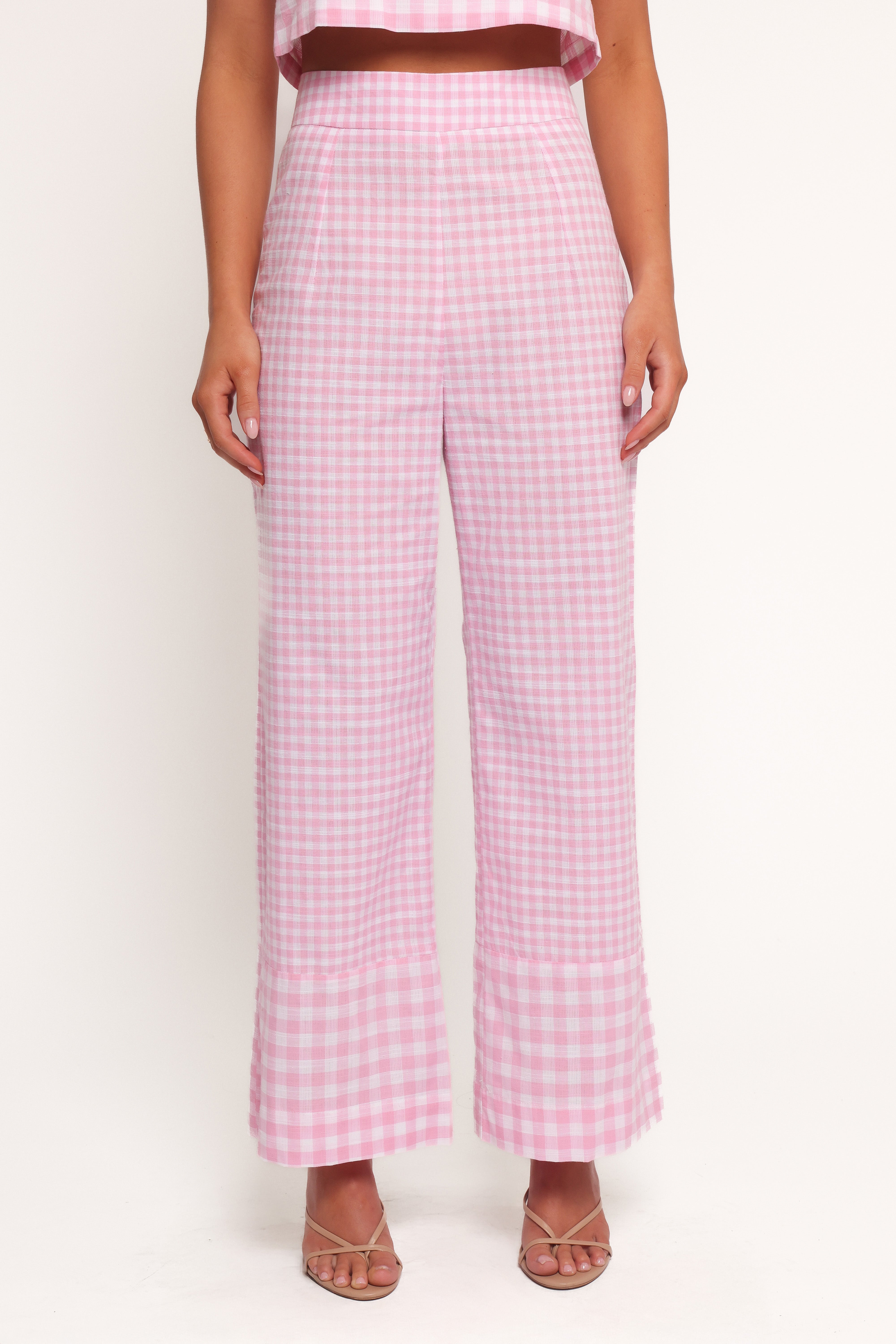 Devlin High Waisted Cotton Wide Leg Pants - Pink Gingham