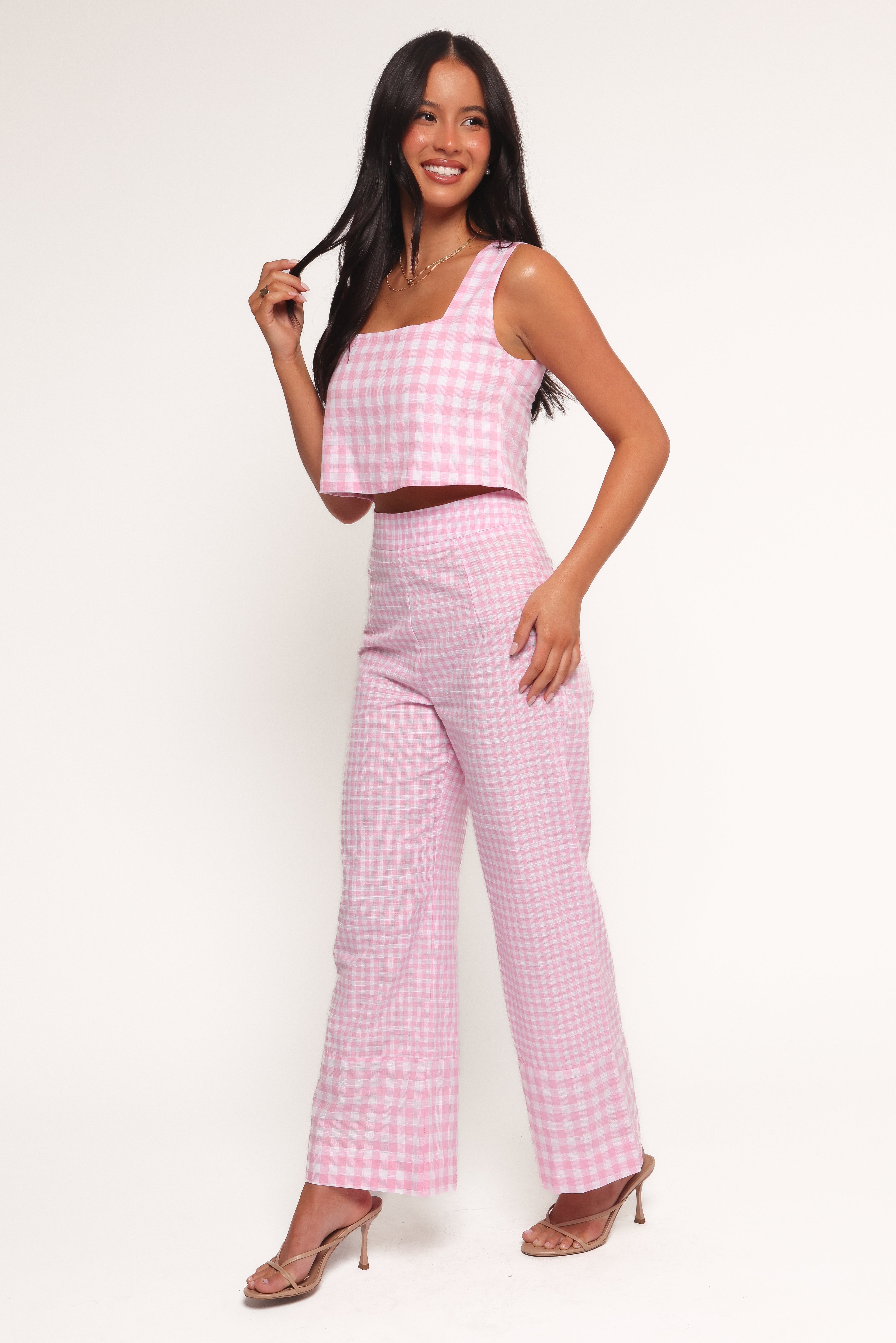 Devlin High Waisted Cotton Wide Leg Pants - Pink Gingham
