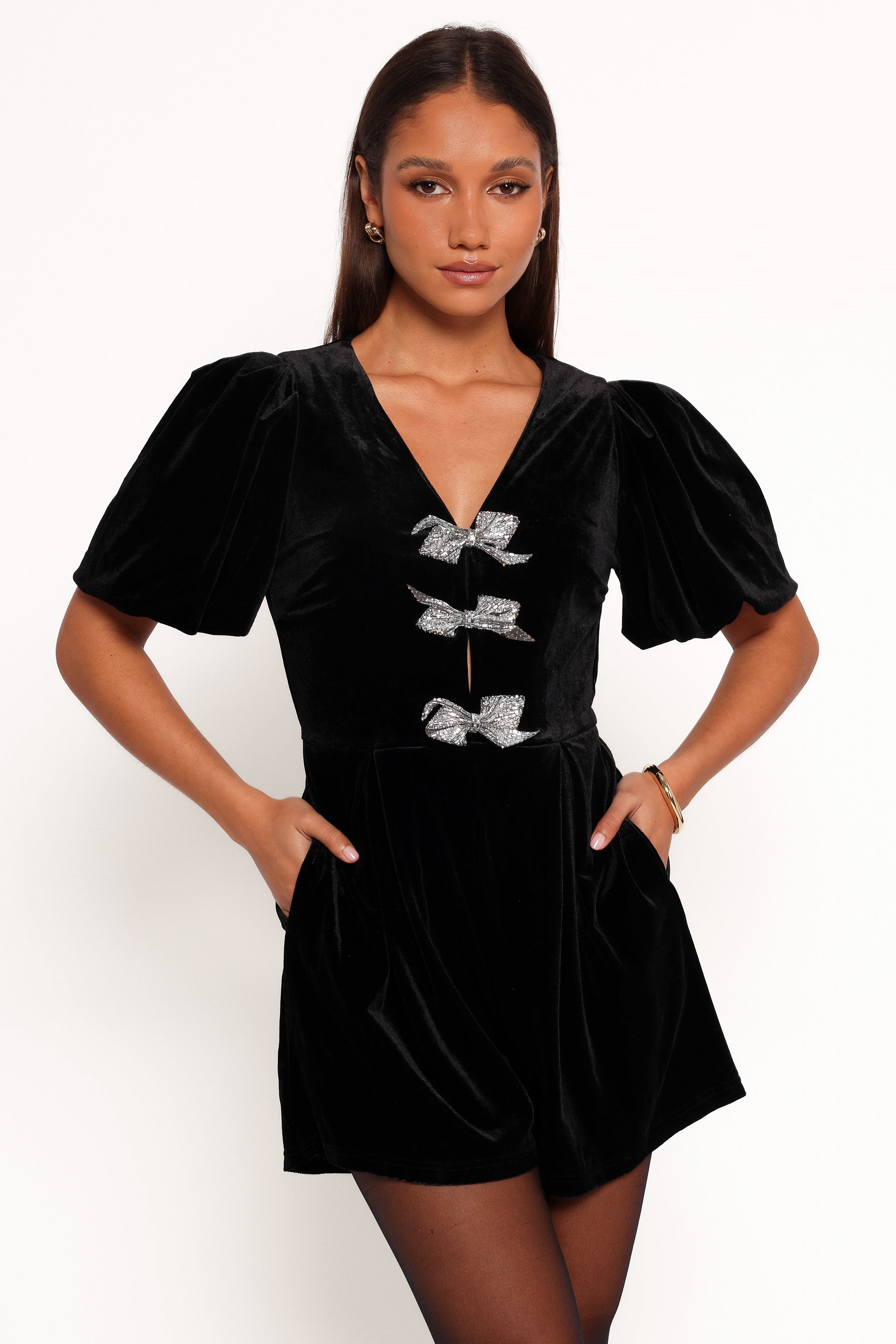 Black Velvet Romper with Bow Detail - Norah Women's Jumpsuit