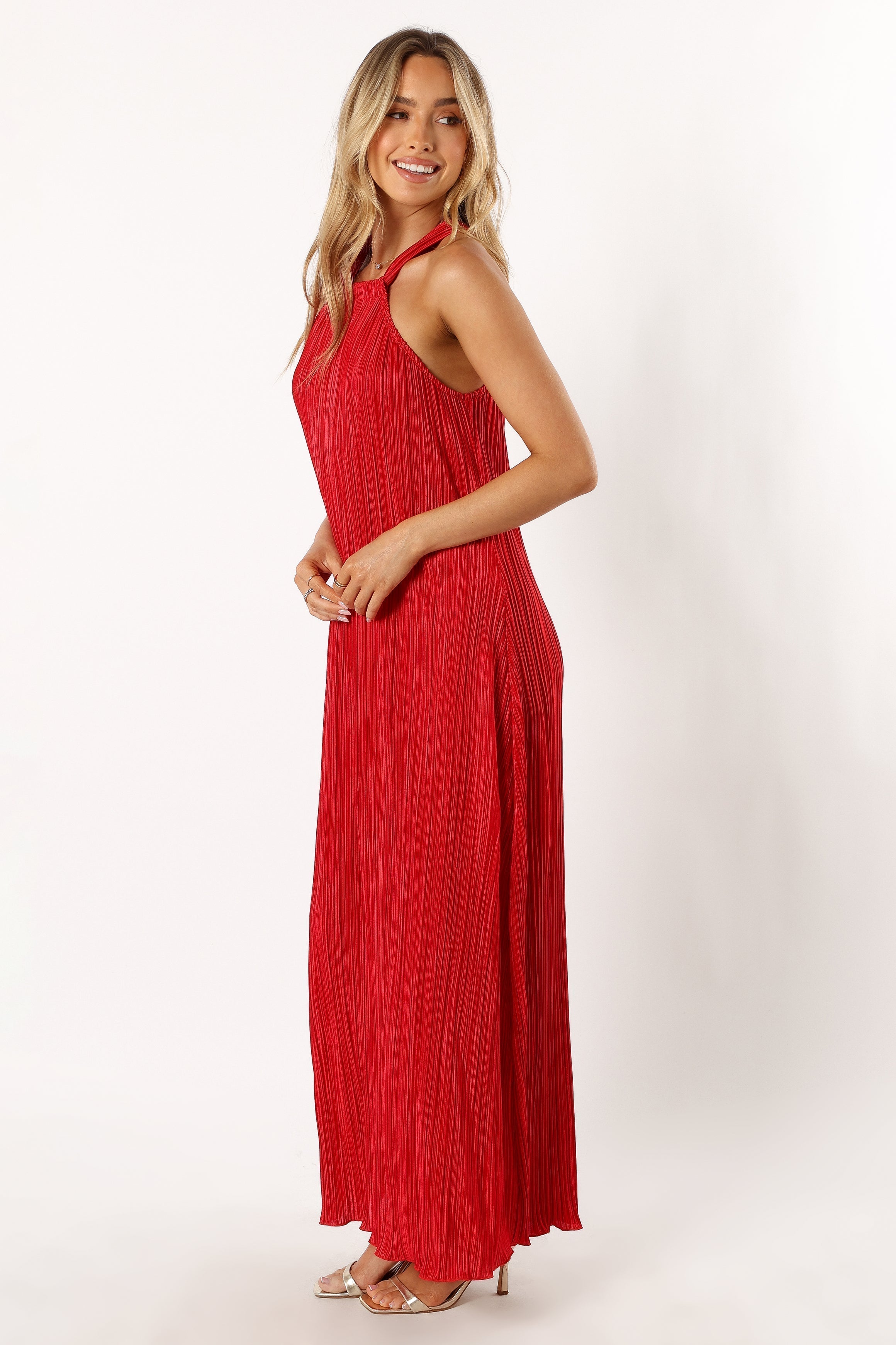 Red Plisse Halter Maxi Dress - Elegant Sleeveless Midi Dress
