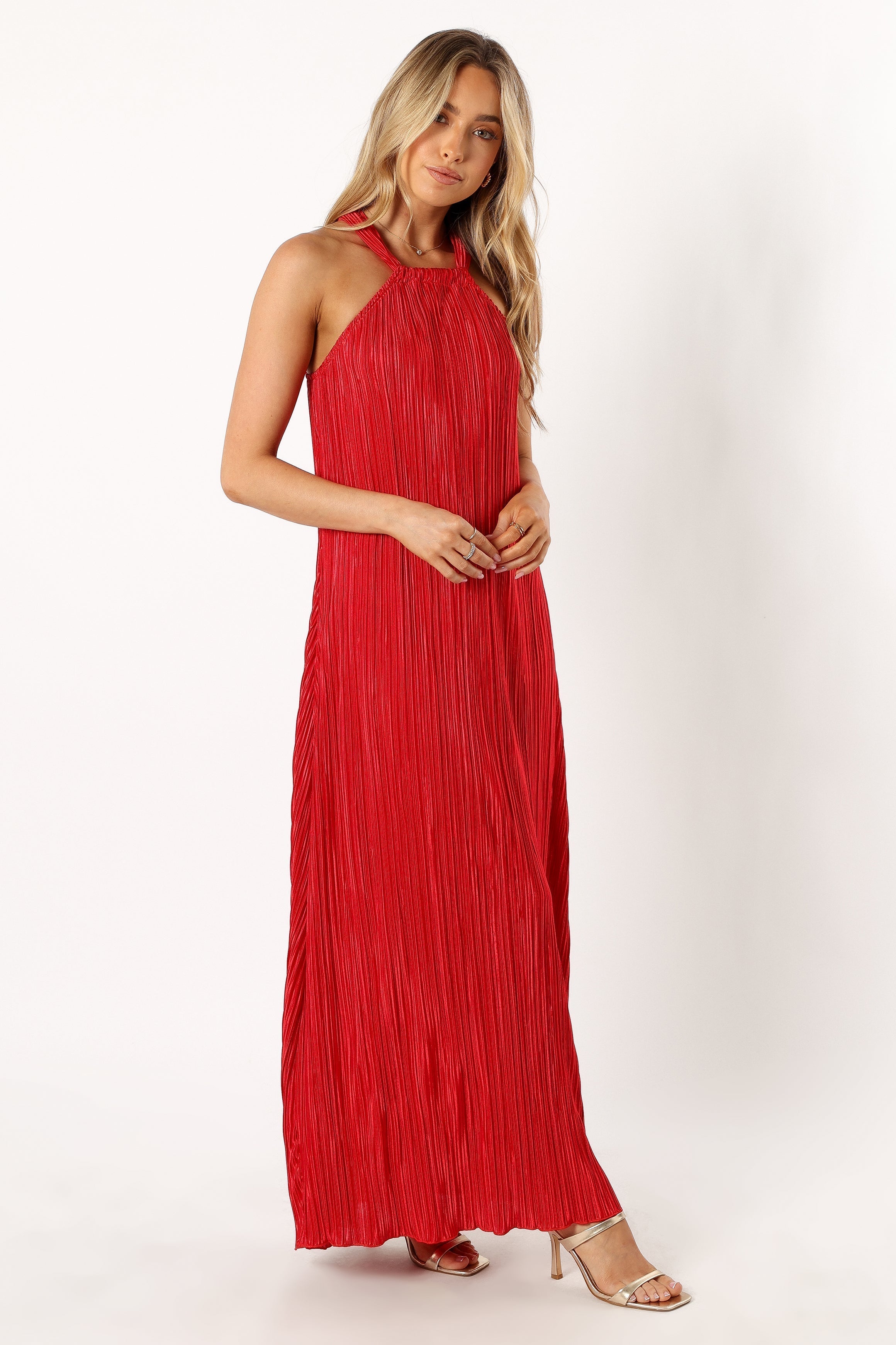 Red Plisse Halter Maxi Dress - Elegant Sleeveless Midi Dress