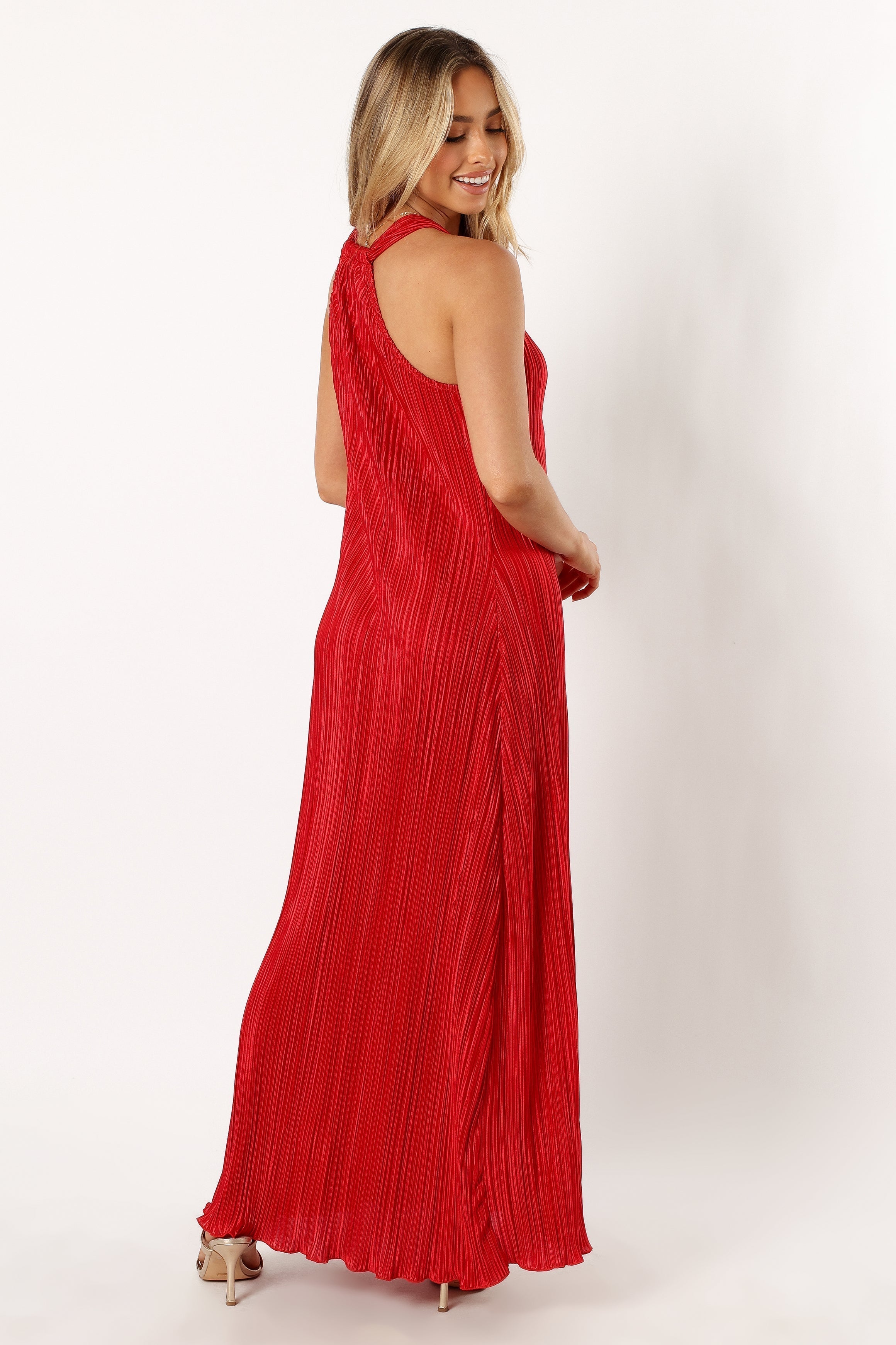 Red Plisse Halter Maxi Dress - Elegant Sleeveless Midi Dress